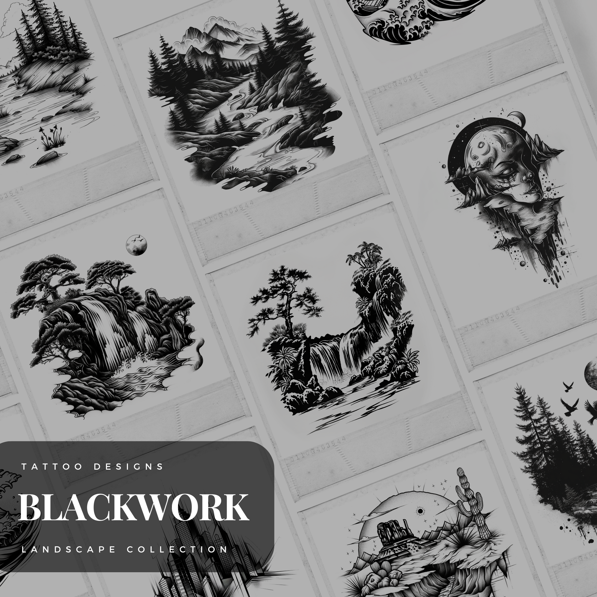 Blackwork Landscapes Flash Stamp Pack – Bold Scenic Tattoo Designs for Procreate & Sketchbook