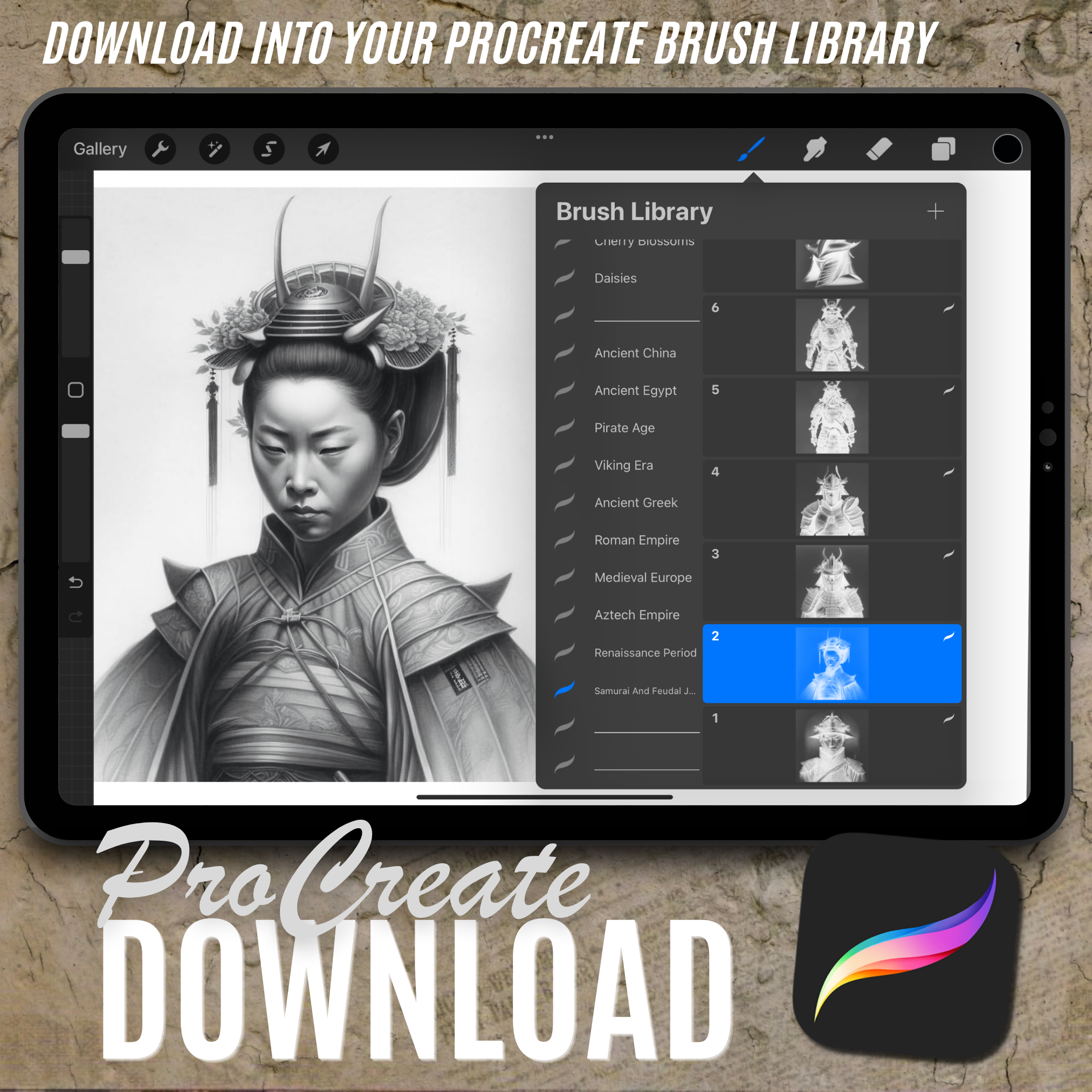 Digitale Designsammlung „Samurai und feudales Japan“: 100 Procreate- und Skizzenbuchbilder
