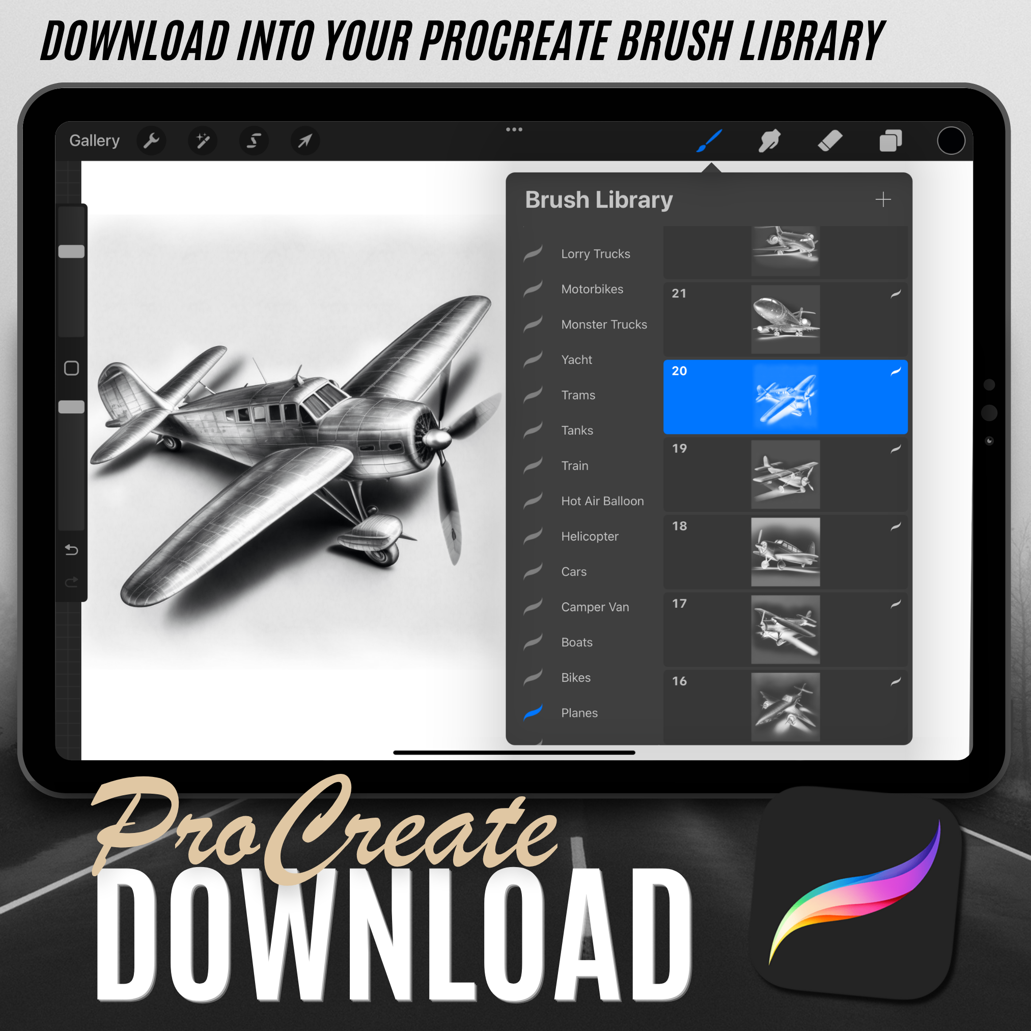 Colección de diseño digital de aviones: 50 imágenes de Procreate y Sketchbook