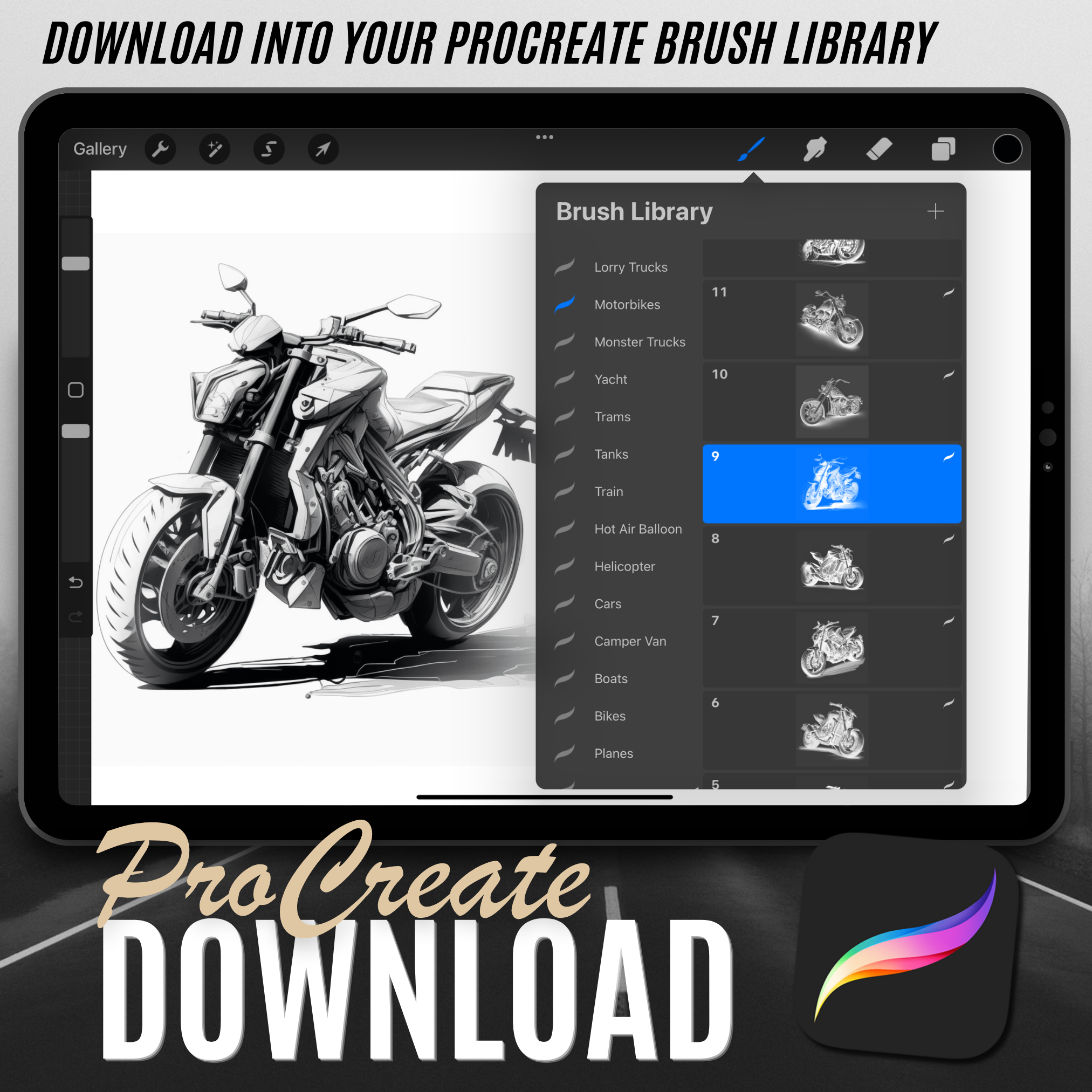 Digitale Designsammlung für Motorräder: 50 Procreate- und Skizzenbuchbilder
