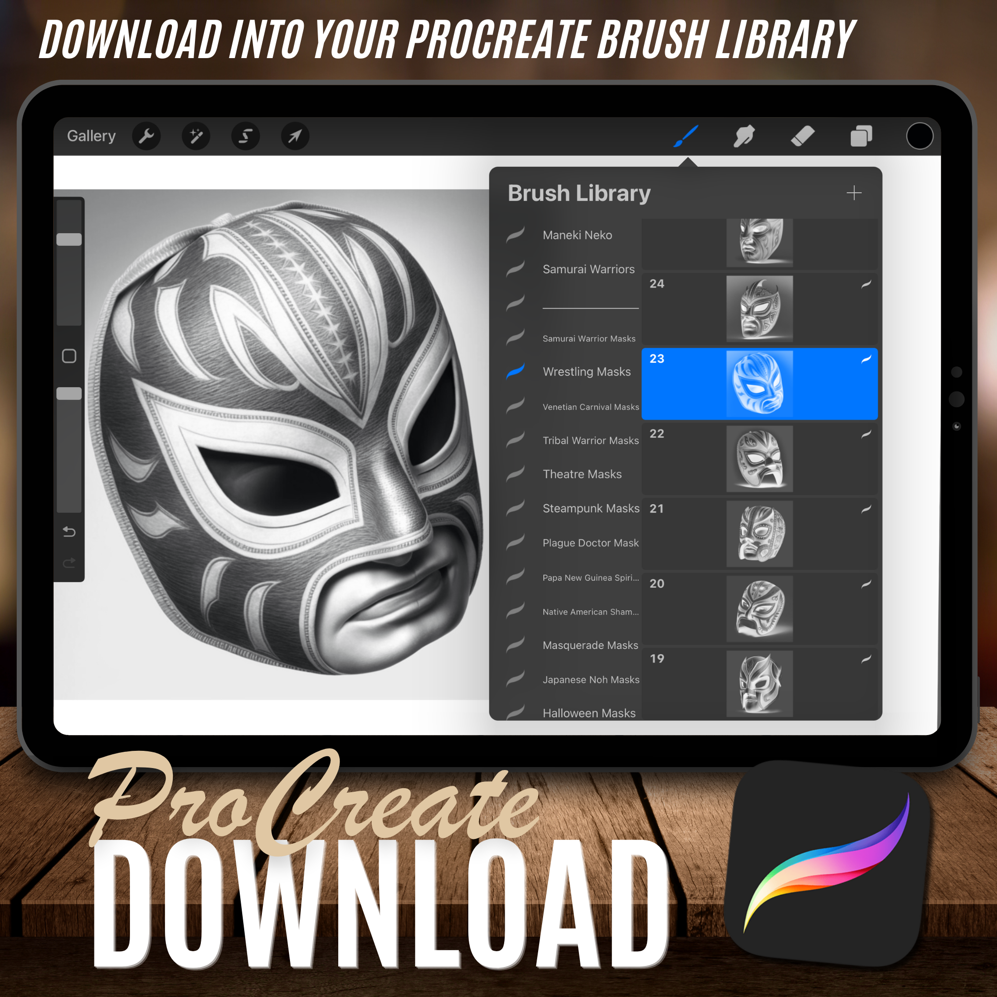 Digitale Referenzdesignsammlung für Wrestling-Masken: 50 Procreate- und Skizzenbuchbilder