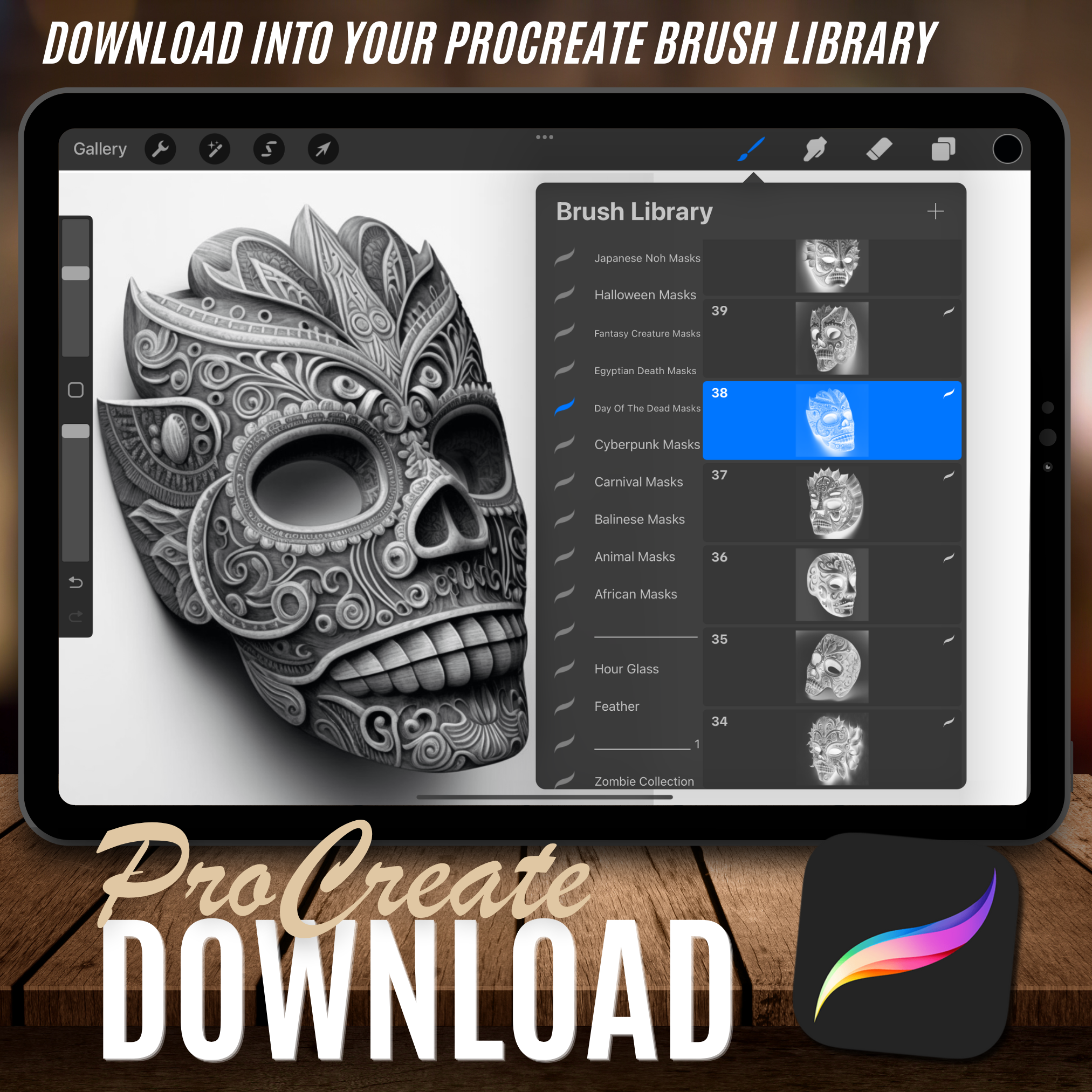Colección de diseños de referencia digital de máscaras del Día de Muertos: 50 imágenes de Procreate y Sketchbook