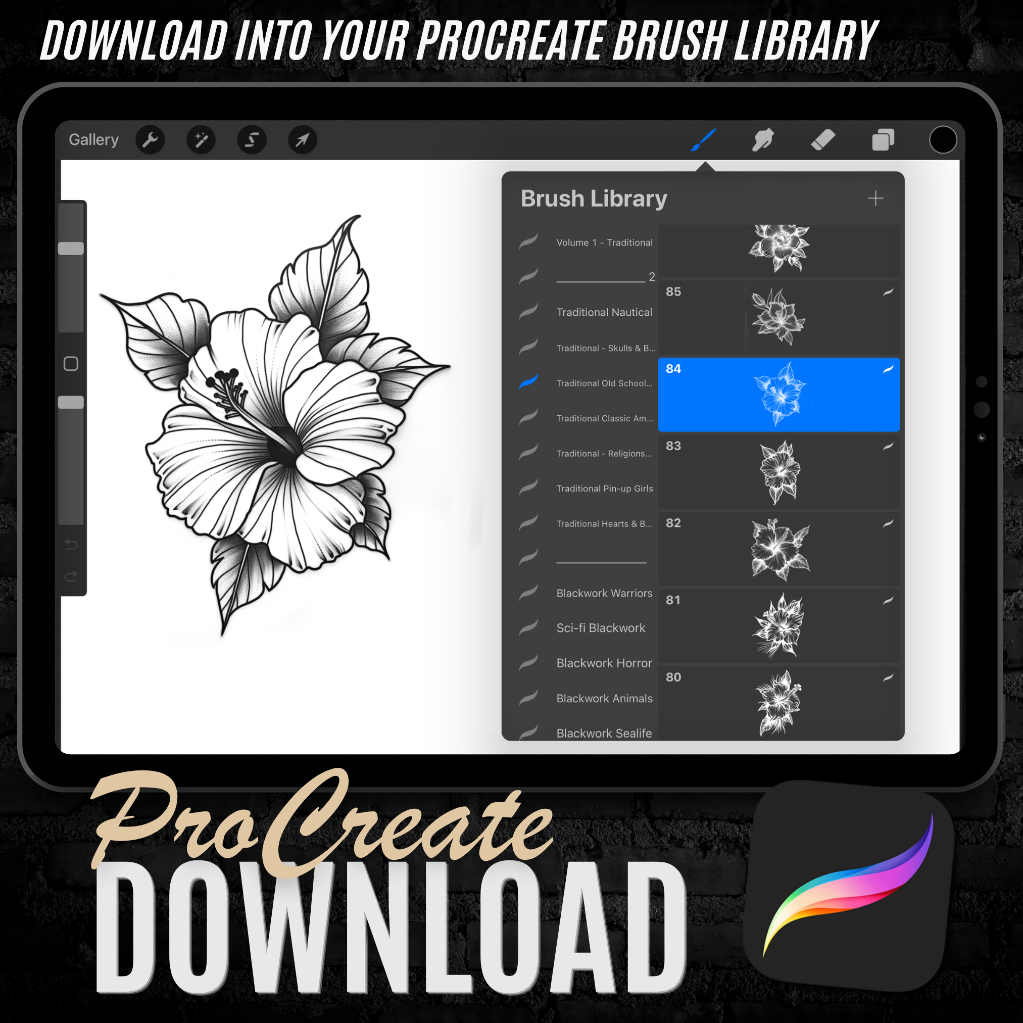 Traditional Old School Floral Flash Stamp Pack – Bold Floral Tattoo Designs for Procreate & Sketchbook