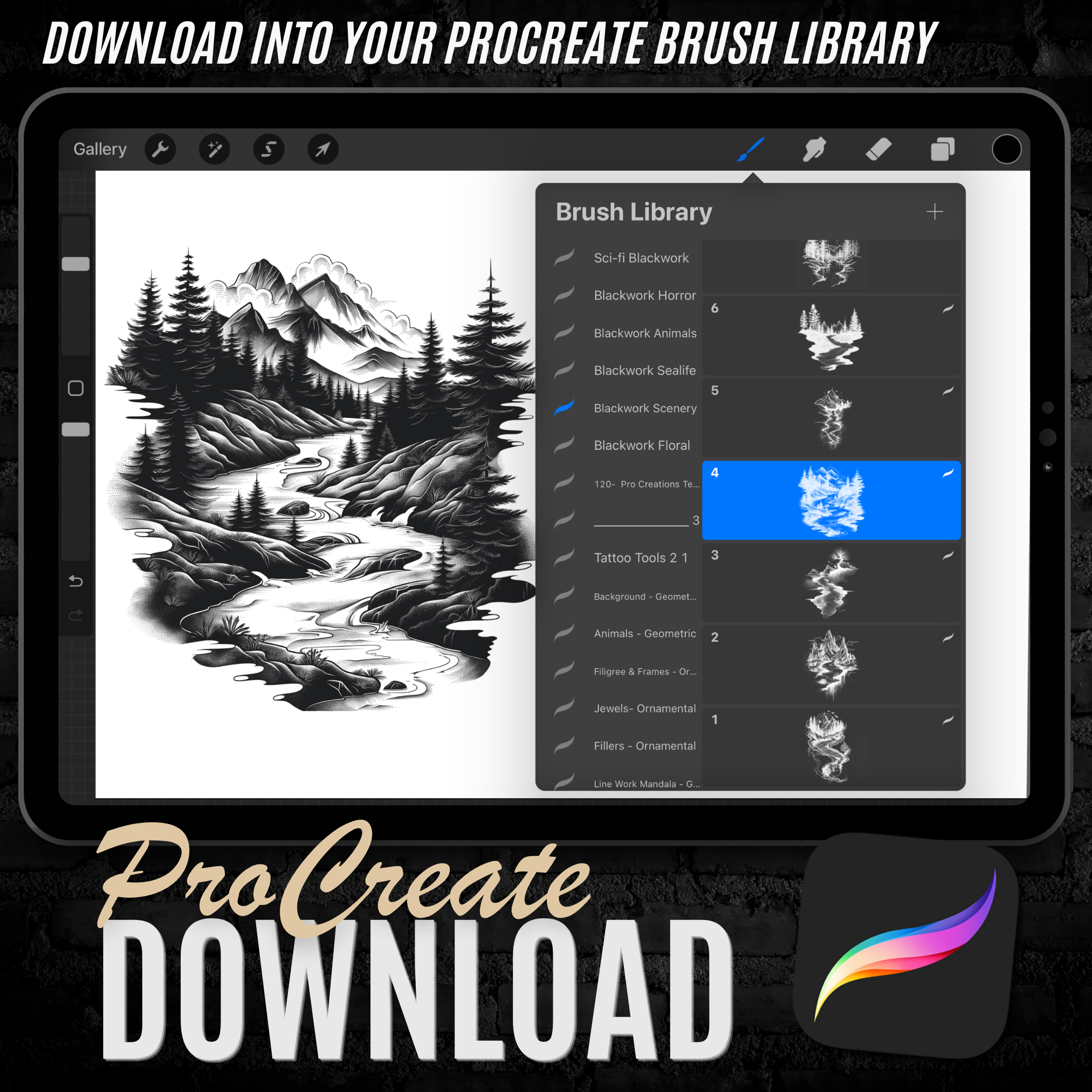 Blackwork Landscapes Flash Stamp Pack – Bold Scenic Tattoo Designs for Procreate & Sketchbook