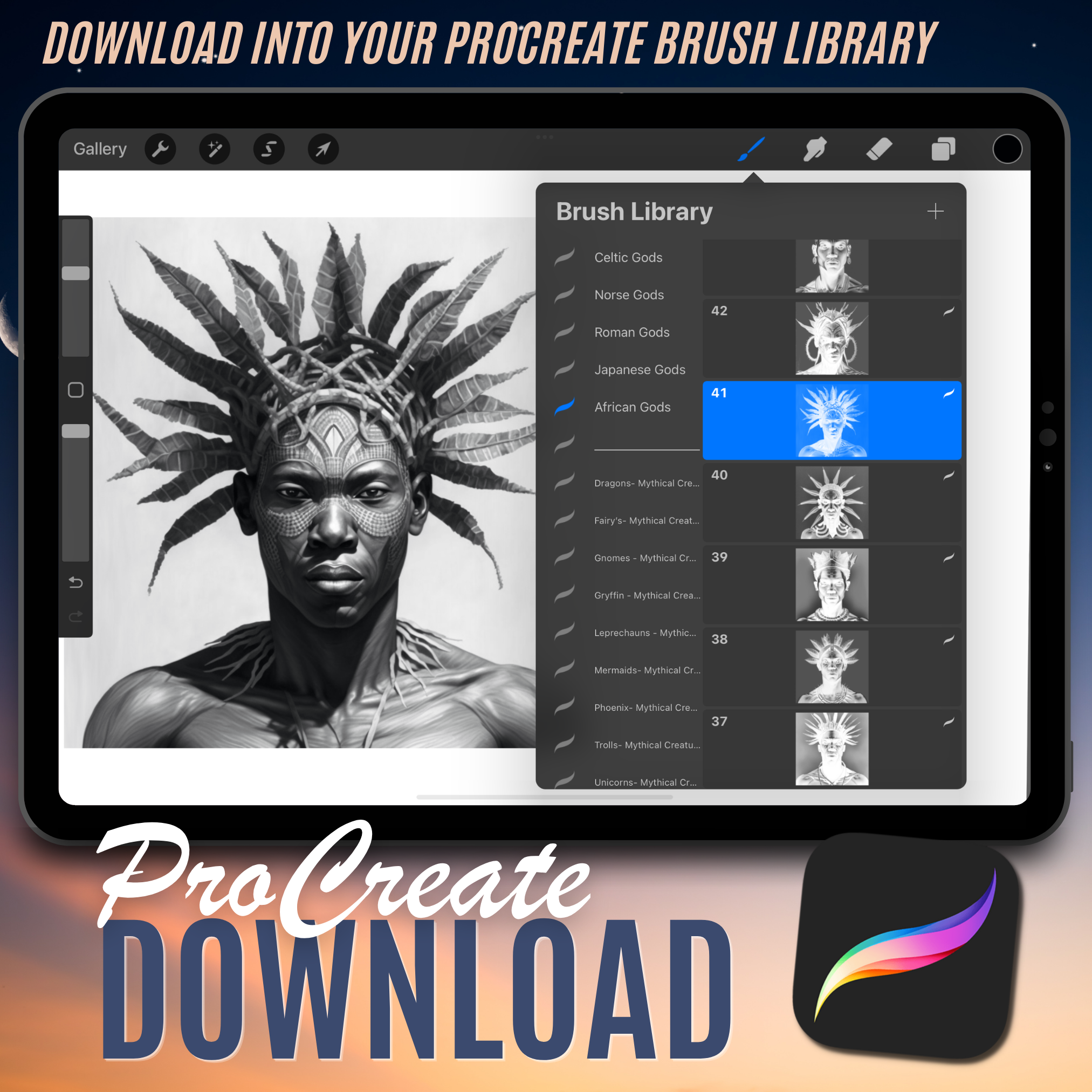 Colección de diseño digital de dioses africanos: 50 imágenes de Procreate y Sketchbook