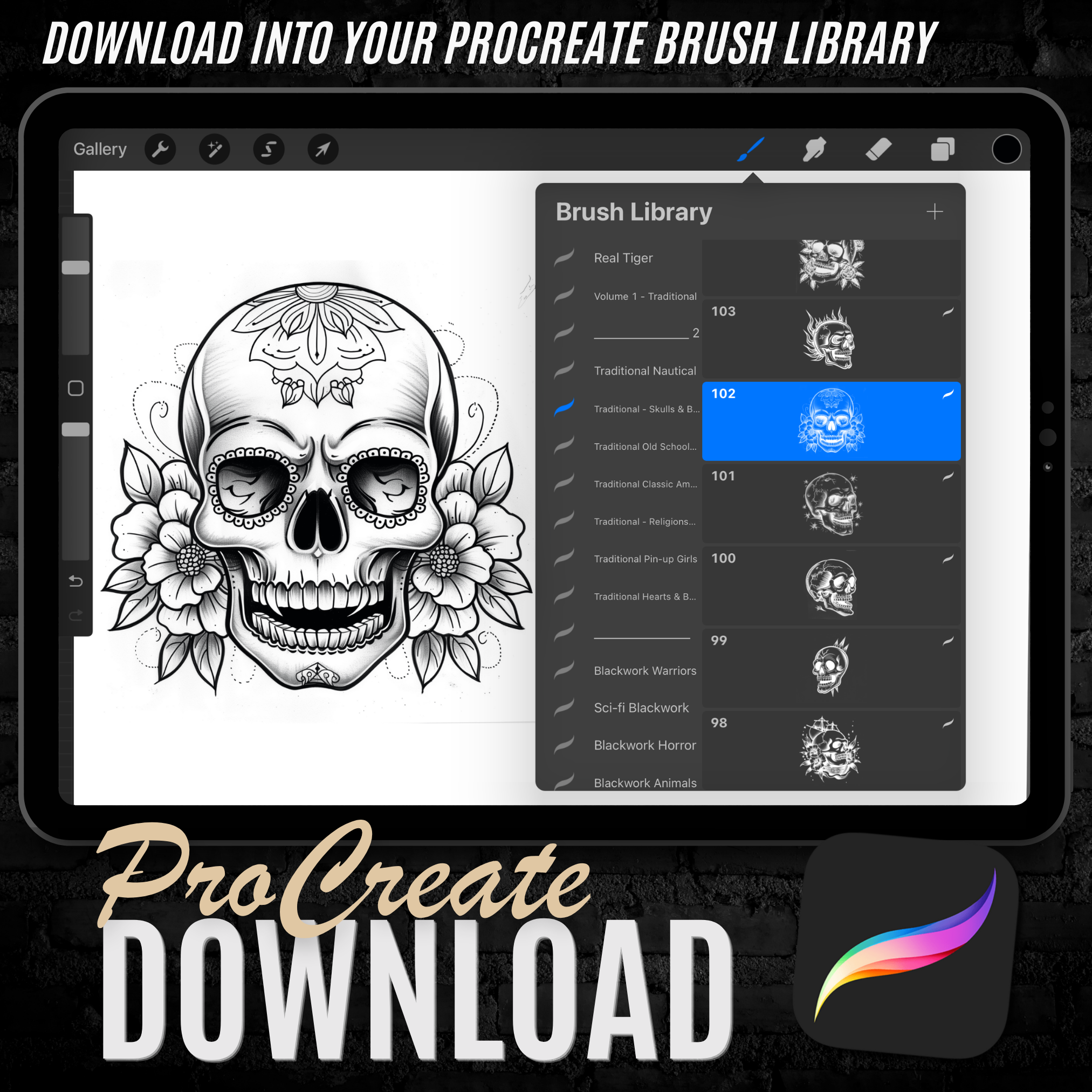 Traditional Skull and Bones Flash Stamp Pack – Bold Skull Tattoo Designs for Procreate & Sketchbook