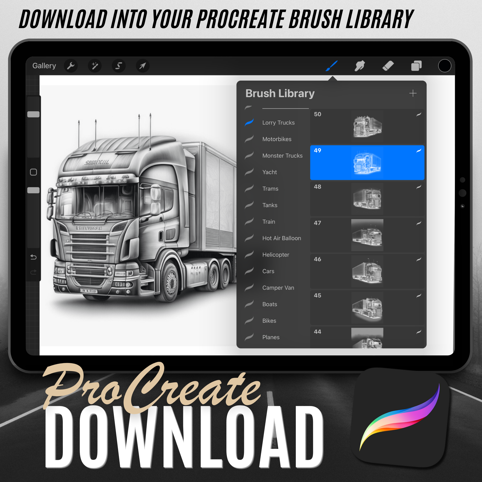 Digitale Designsammlung für Lastwagen: 50 Procreate- und Skizzenbuchbilder