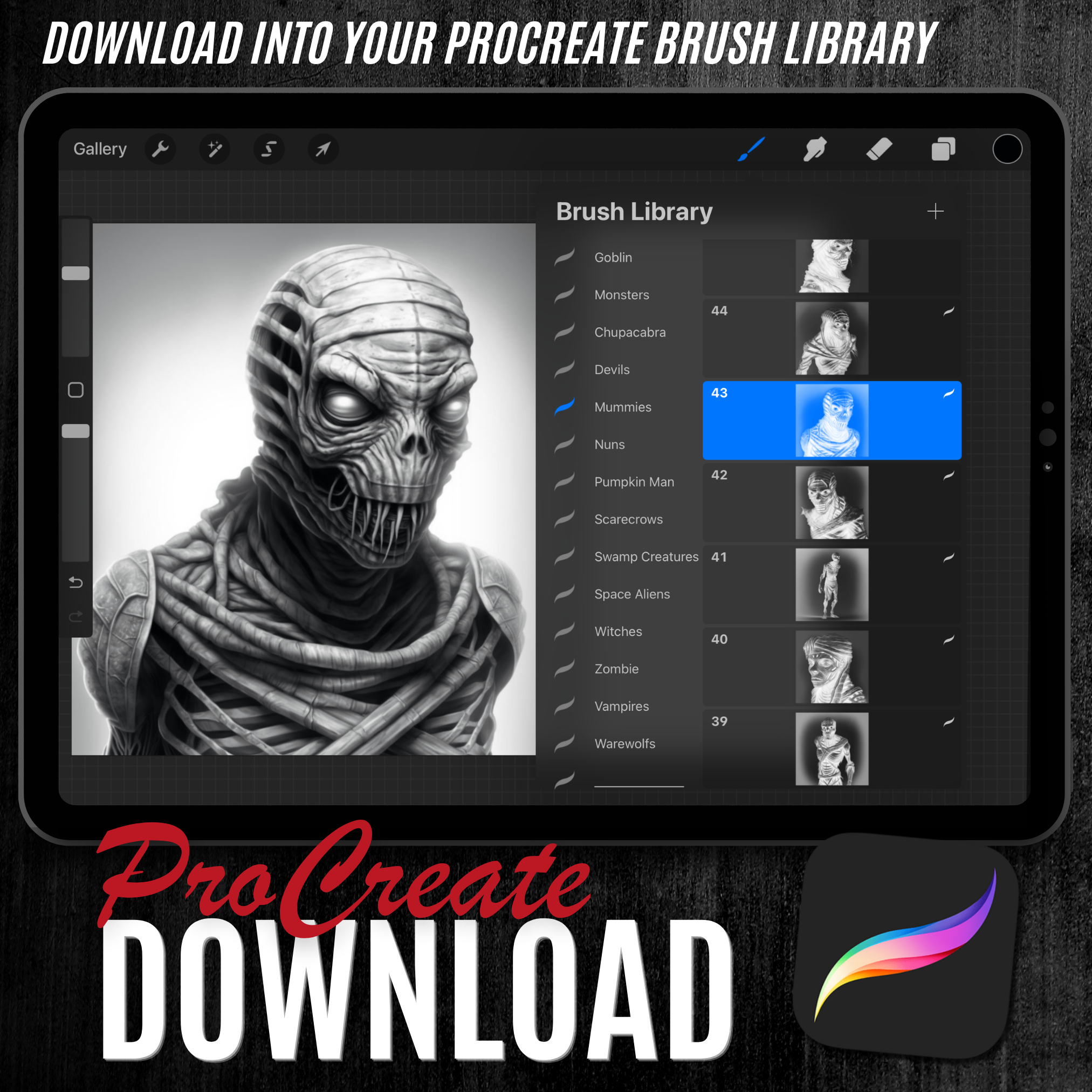 Colección de diseños de terror digital Mummies: 50 imágenes de Procreate y Sketchbook