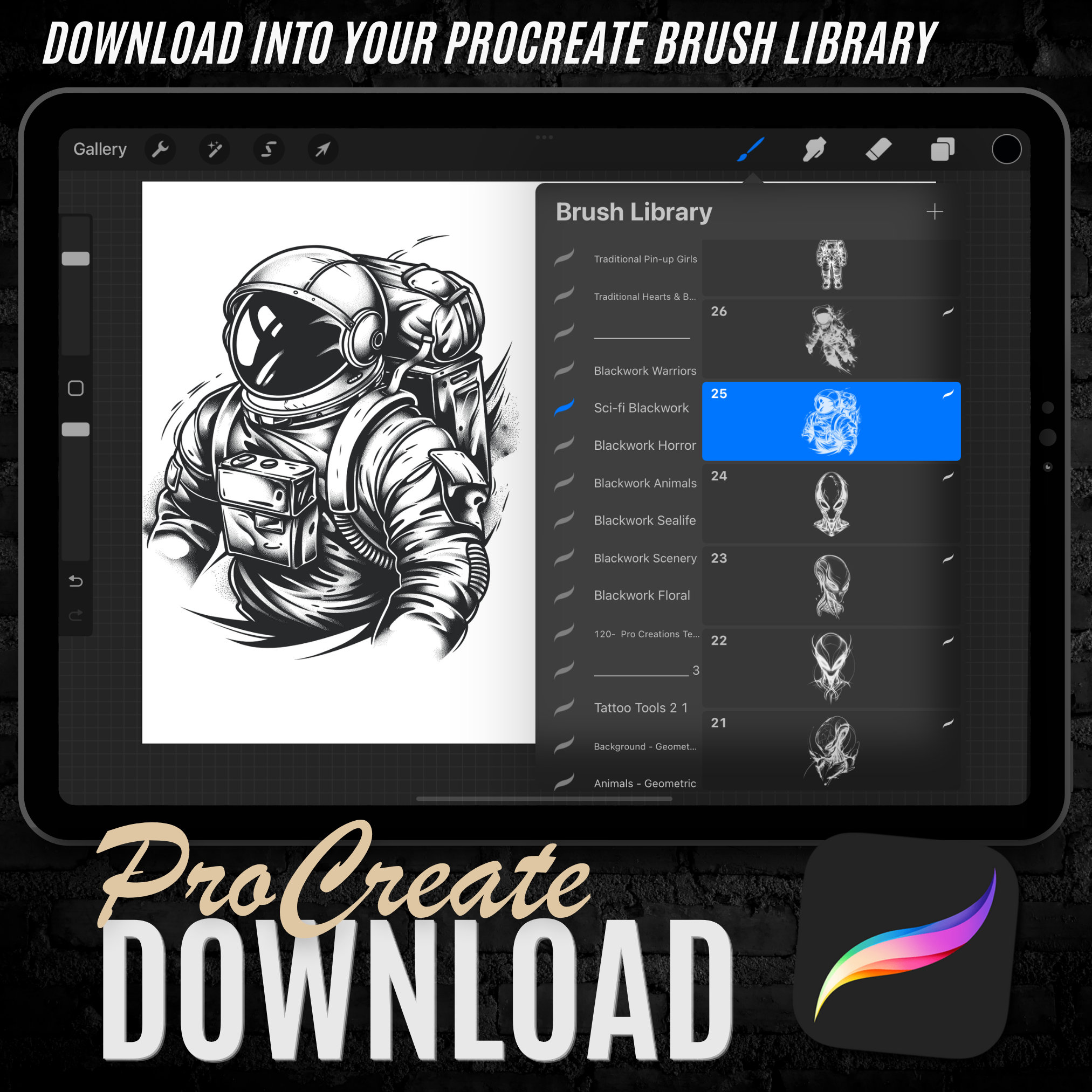 Blackwork Fantasy Sci-Fi Flash Stamp Pack – Futuristic & Mythical Tattoo Designs for Procreate & Sketchbook