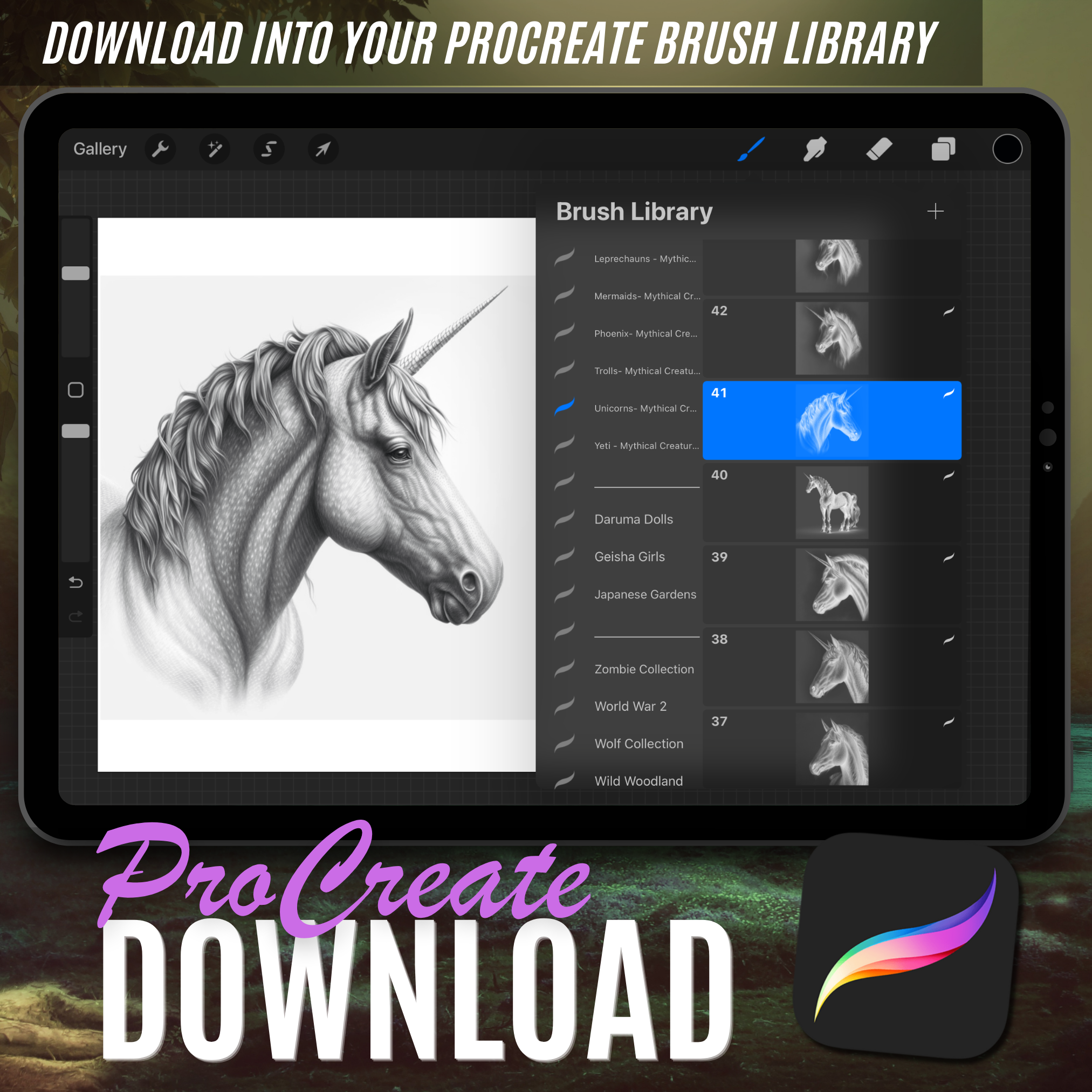 Colección de diseño digital Unicorns: 50 imágenes de Procreate y Sketchbook