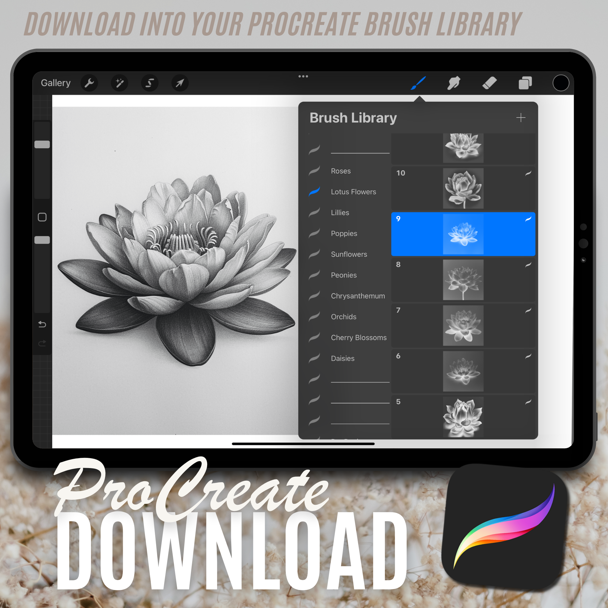 Lotusblumen Digitale Designsammlung: 50 Procreate- und Skizzenbuchbilder