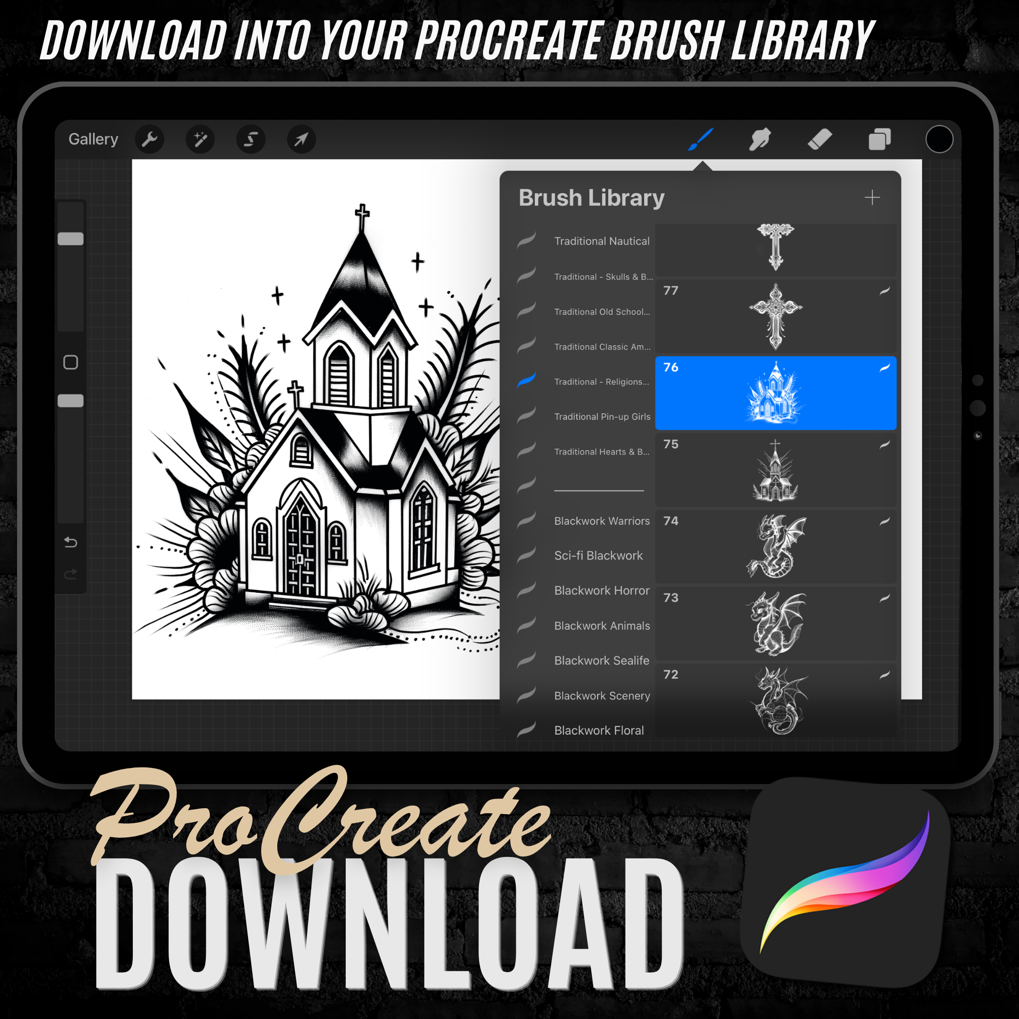 Traditional Spiritual & Religious Flash Stamp Pack – Classic Religious Tattoo Designs for Procreate & Sketchbook