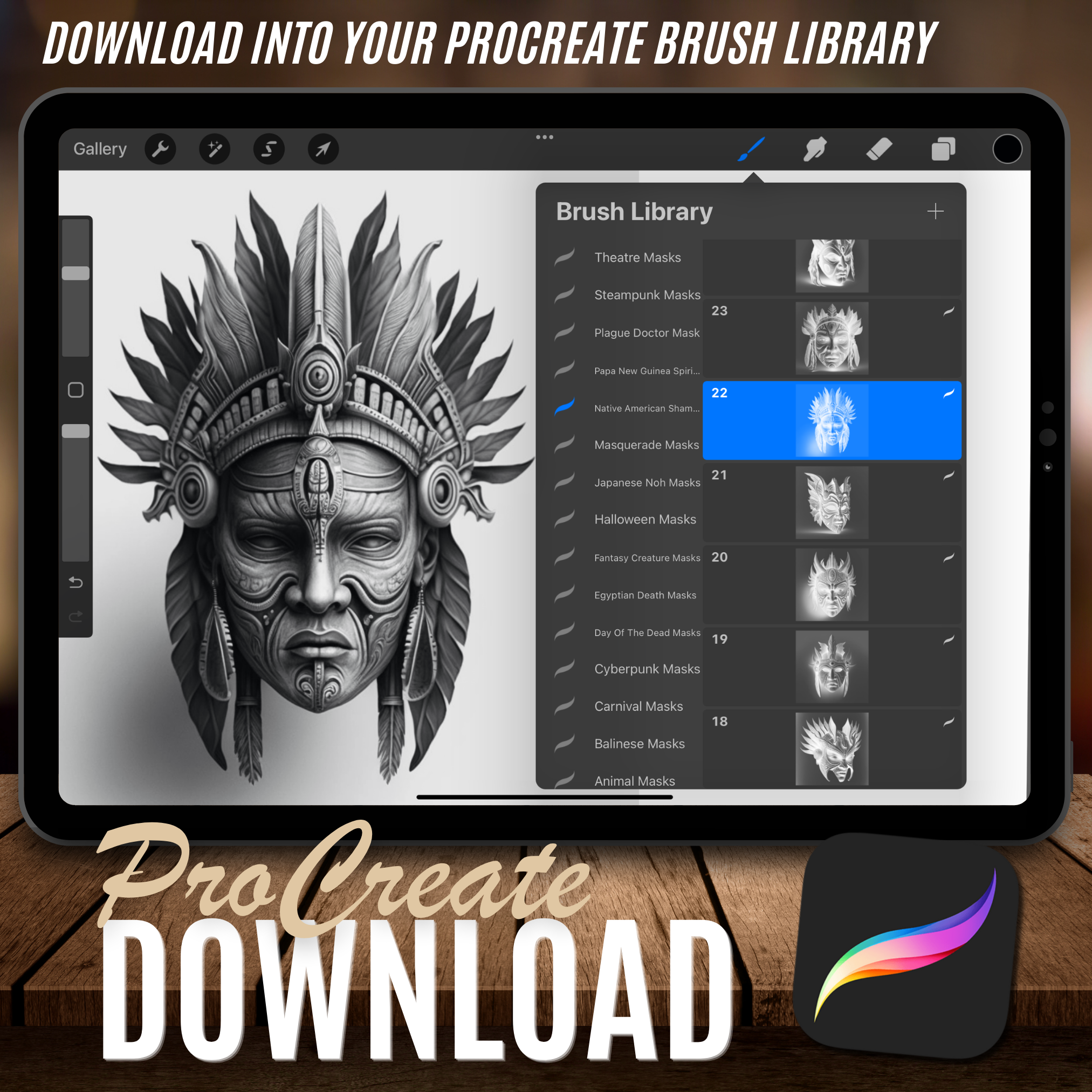 Colección de diseños de referencia digital de máscaras de chamán nativo americano: 50 imágenes de Procreate y Sketchbook