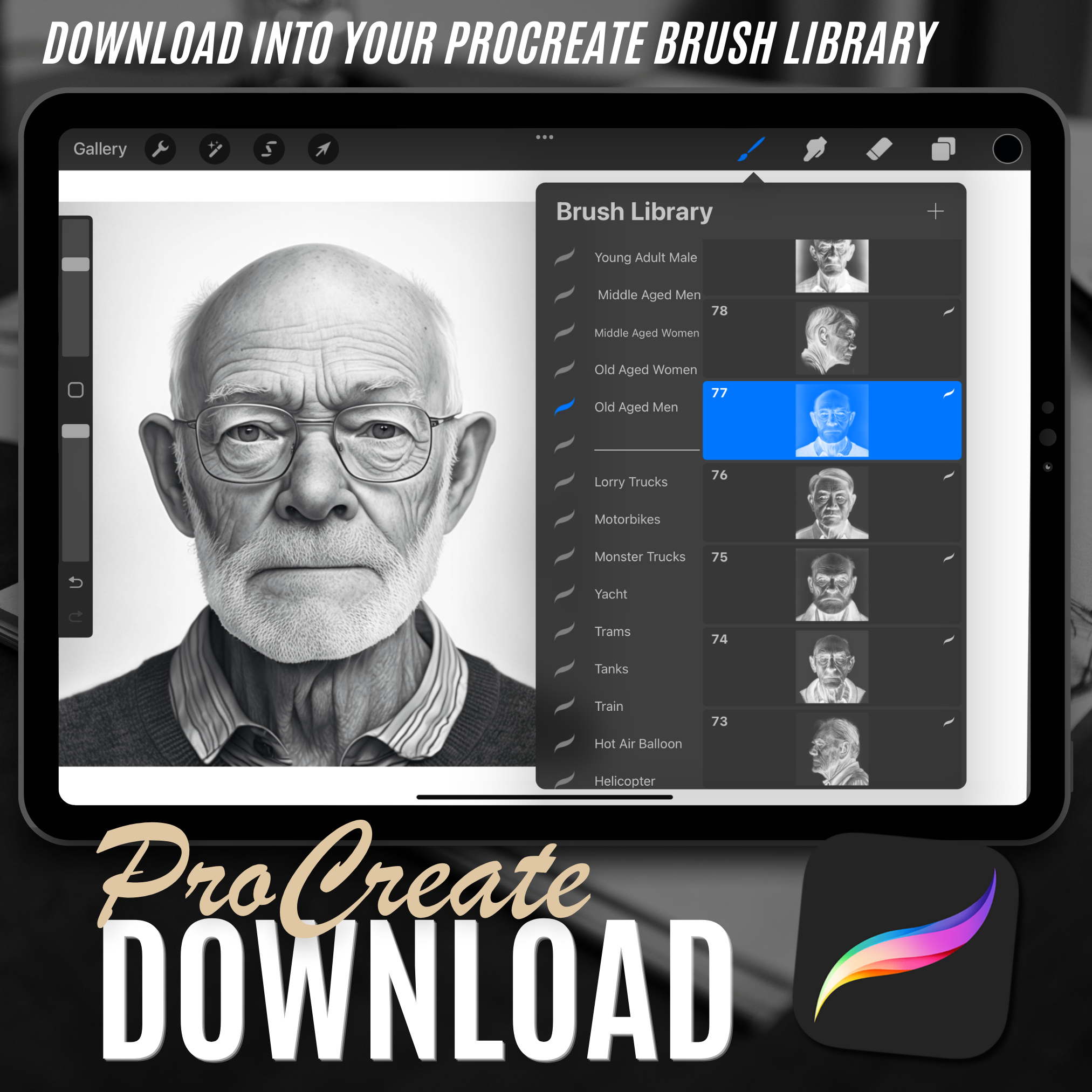Colección de diseño digital de retratos de hombres de edad avanzada: 100 imágenes de Procreate y Sketchbook