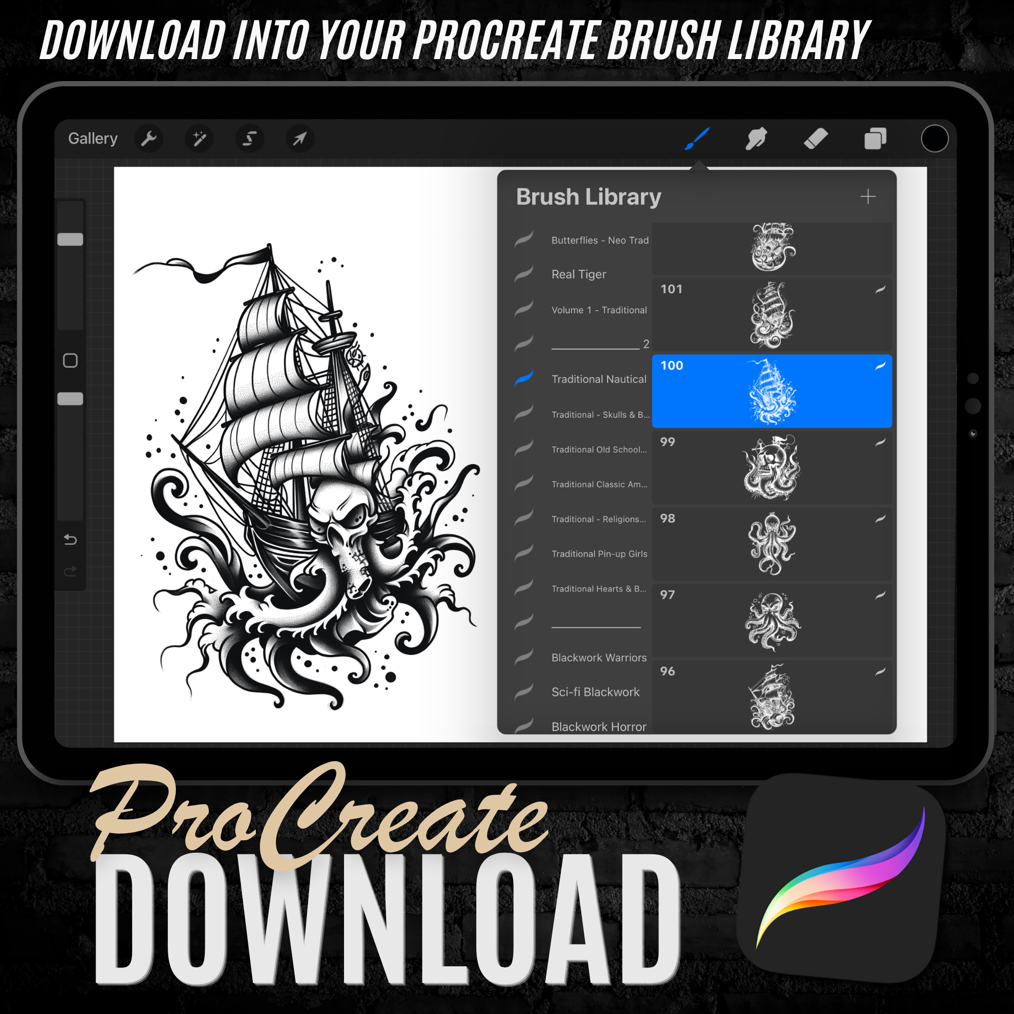 Traditional Nautical Flash Stamp Pack – Bold Maritime Tattoo Designs for Procreate & Sketchbook