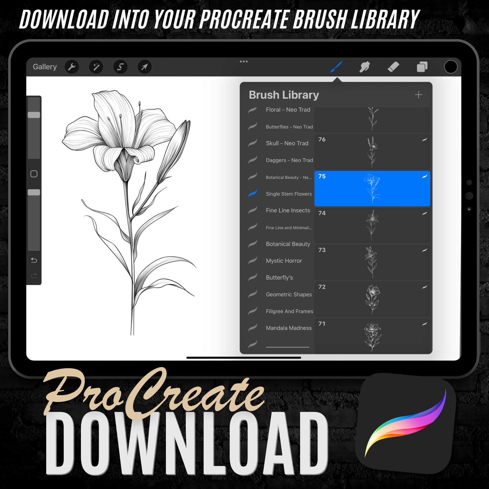 Fine Line & Minimalistic Single Stem Flowers Flash Stamp Pack – Elegant Floral Tattoo Designs for Procreate & Sketchbook