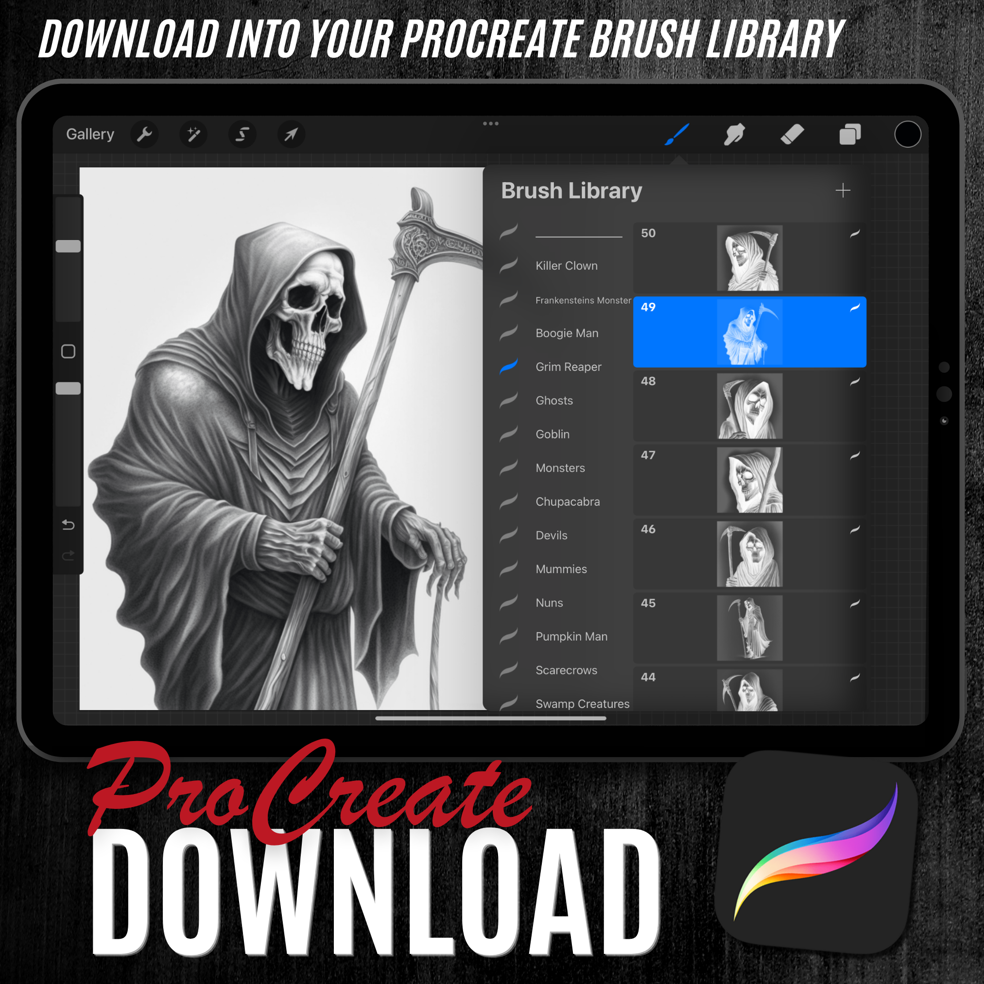 Grim Reapers Digital Horror Design Collection: 50 Procreate & Sketchbook Images
