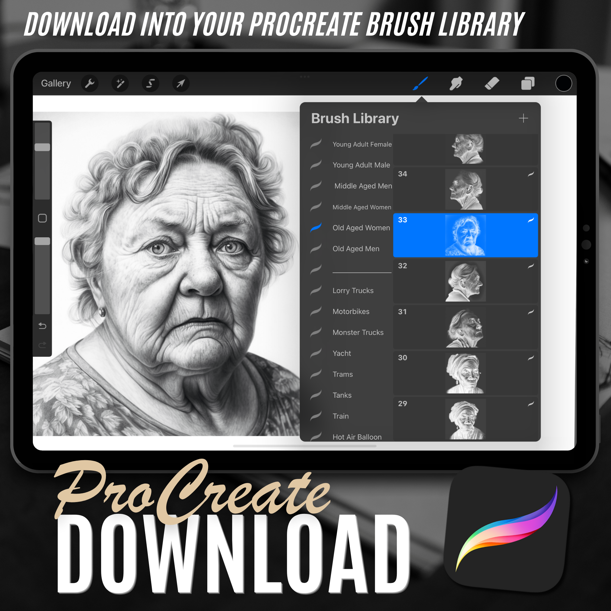 Digitale Designsammlung mit Porträts älterer Frauen: 100 Procreate- und Skizzenbuchbilder