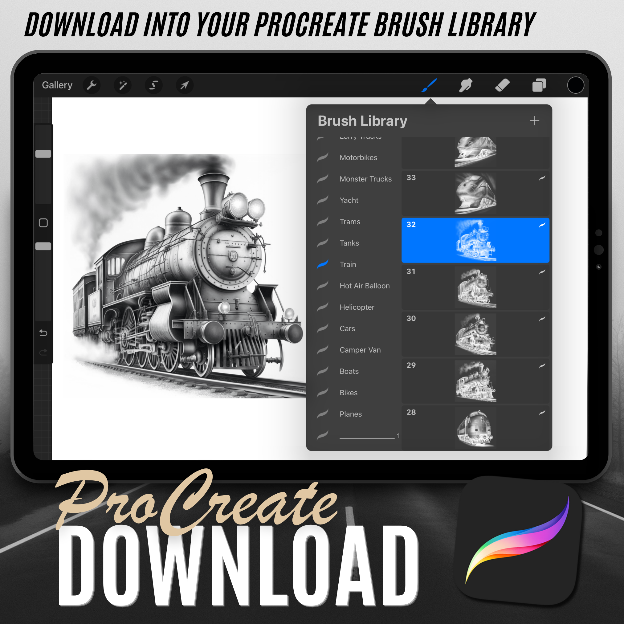 Digitale Designsammlung „Züge“: 50 Procreate- und Skizzenbuchbilder