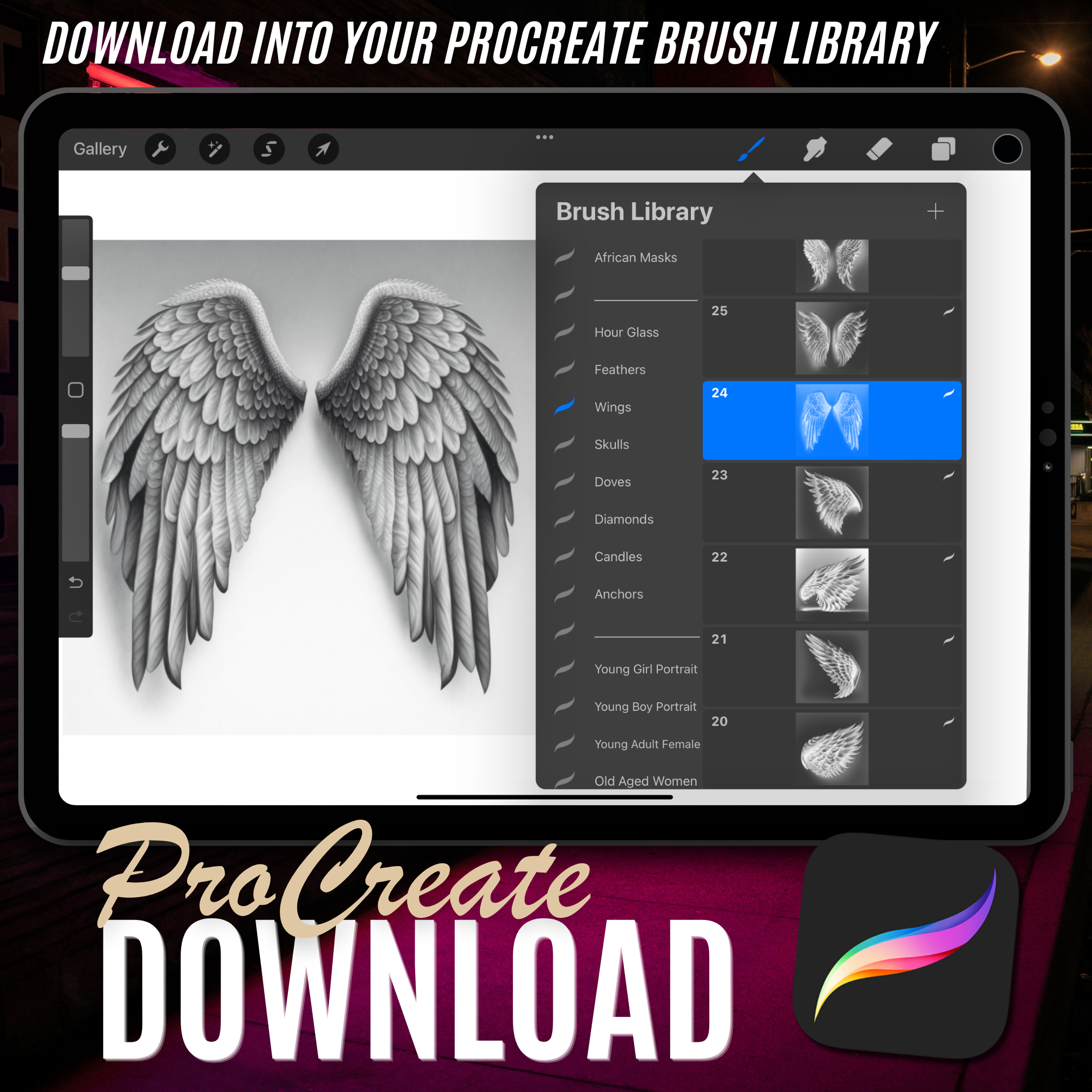 Colección de diseño de elementos de tatuaje digital Wings: 100 imágenes de Procreate y Sketchbook