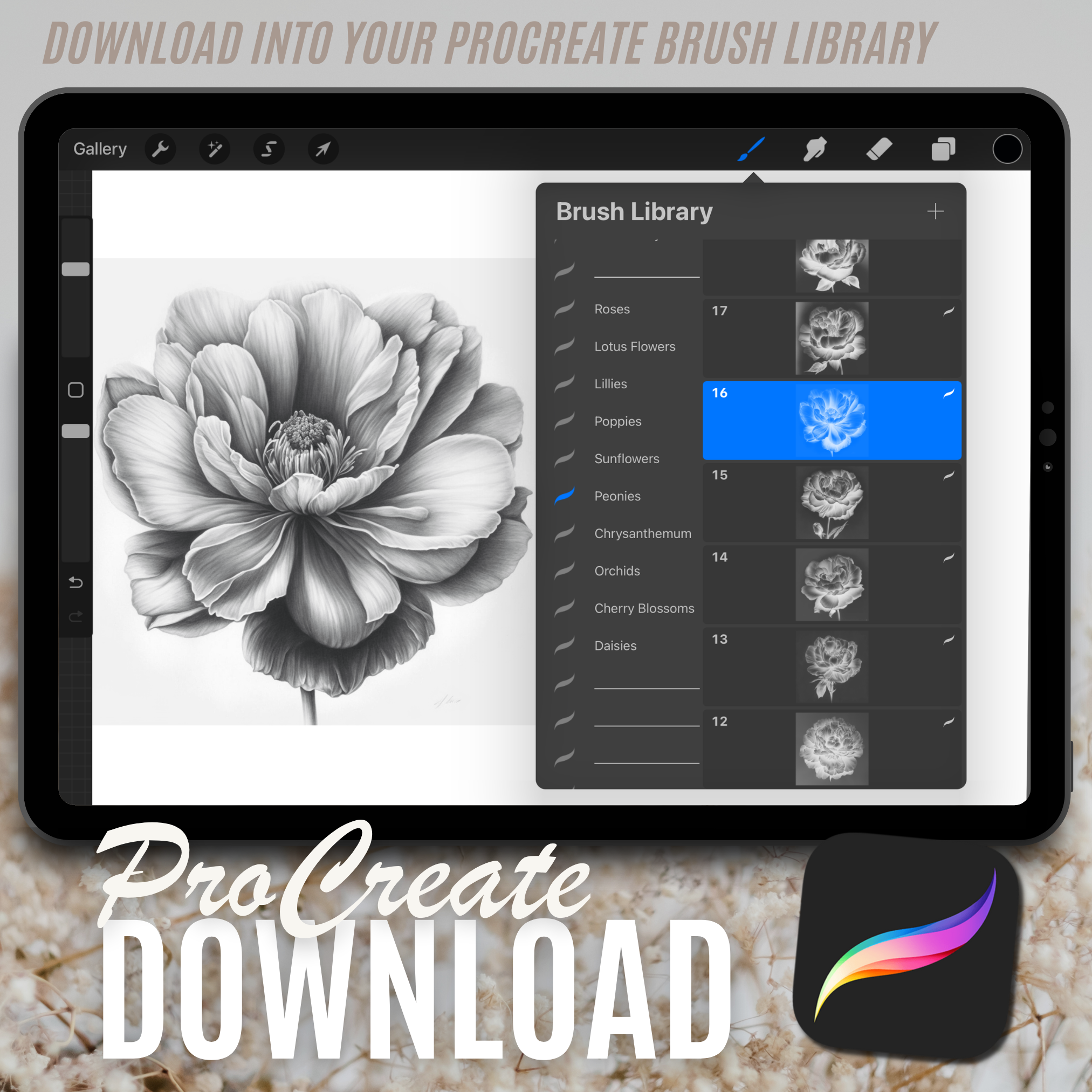 Colección de diseño digital Peonies: 50 imágenes de Procreate y Sketchbook