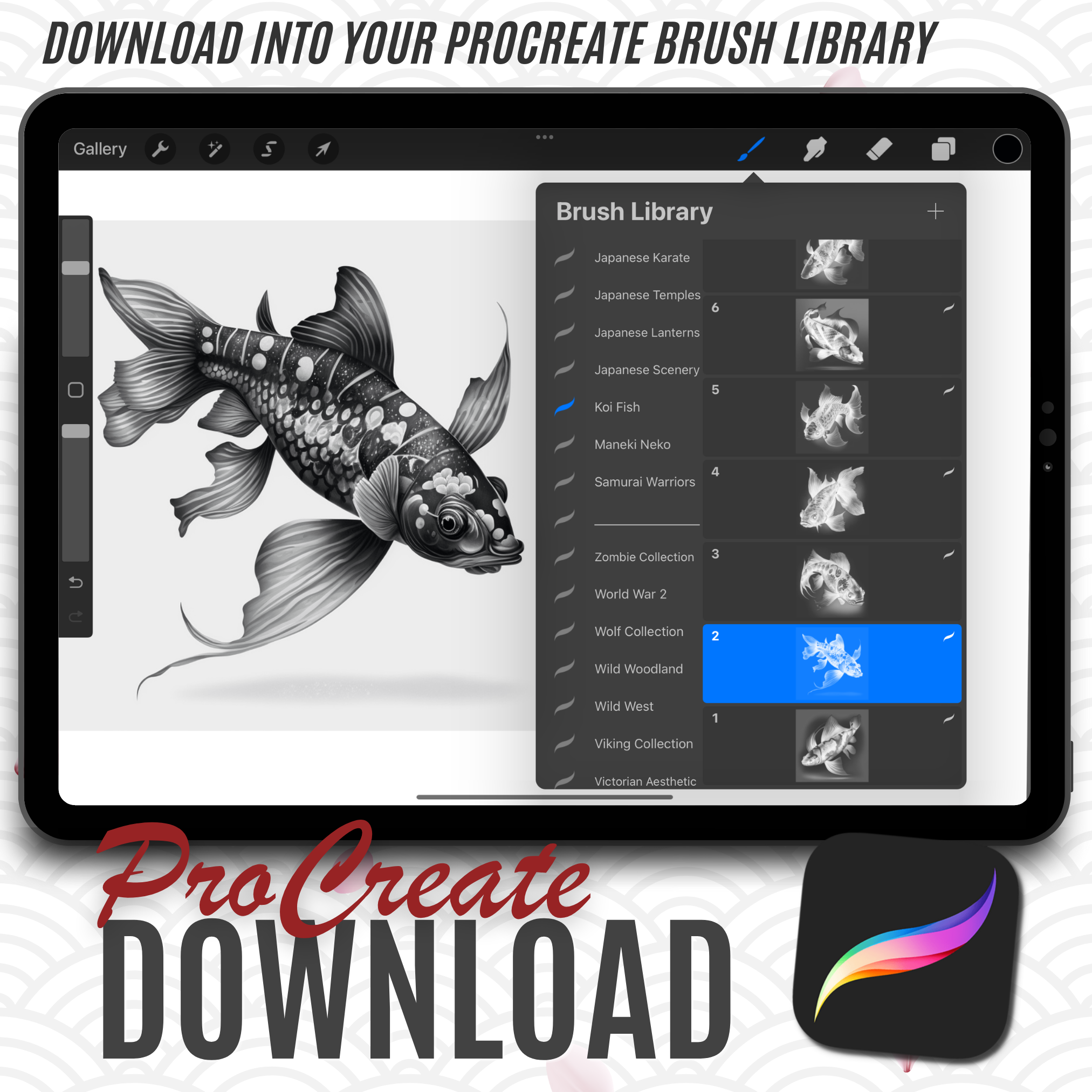 Colección de diseño de referencia digital de peces Koi: 50 imágenes de Procreate y Sketchbook