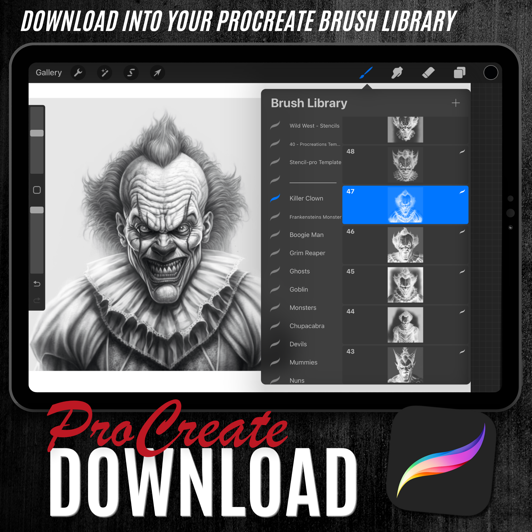 Colección de diseños de terror digital Killer Clowns: 50 imágenes de Procreate y Sketchbook