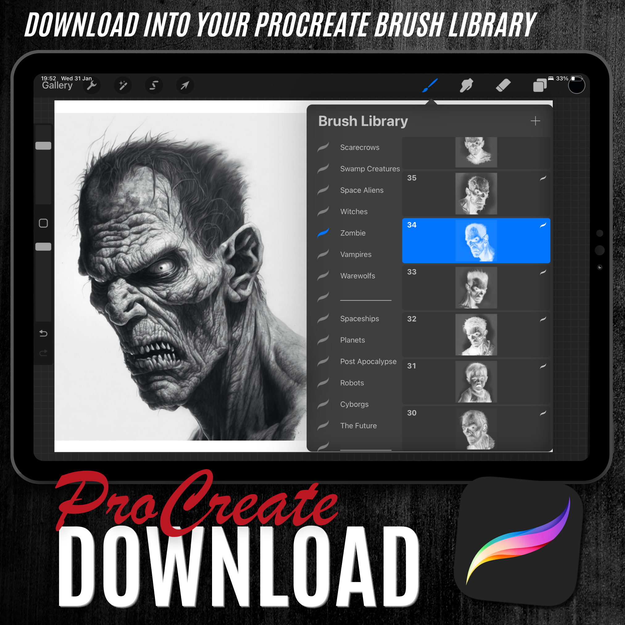 Digitale Horror-Designsammlung „Zombies“: 50 Procreate- und Skizzenbuchbilder