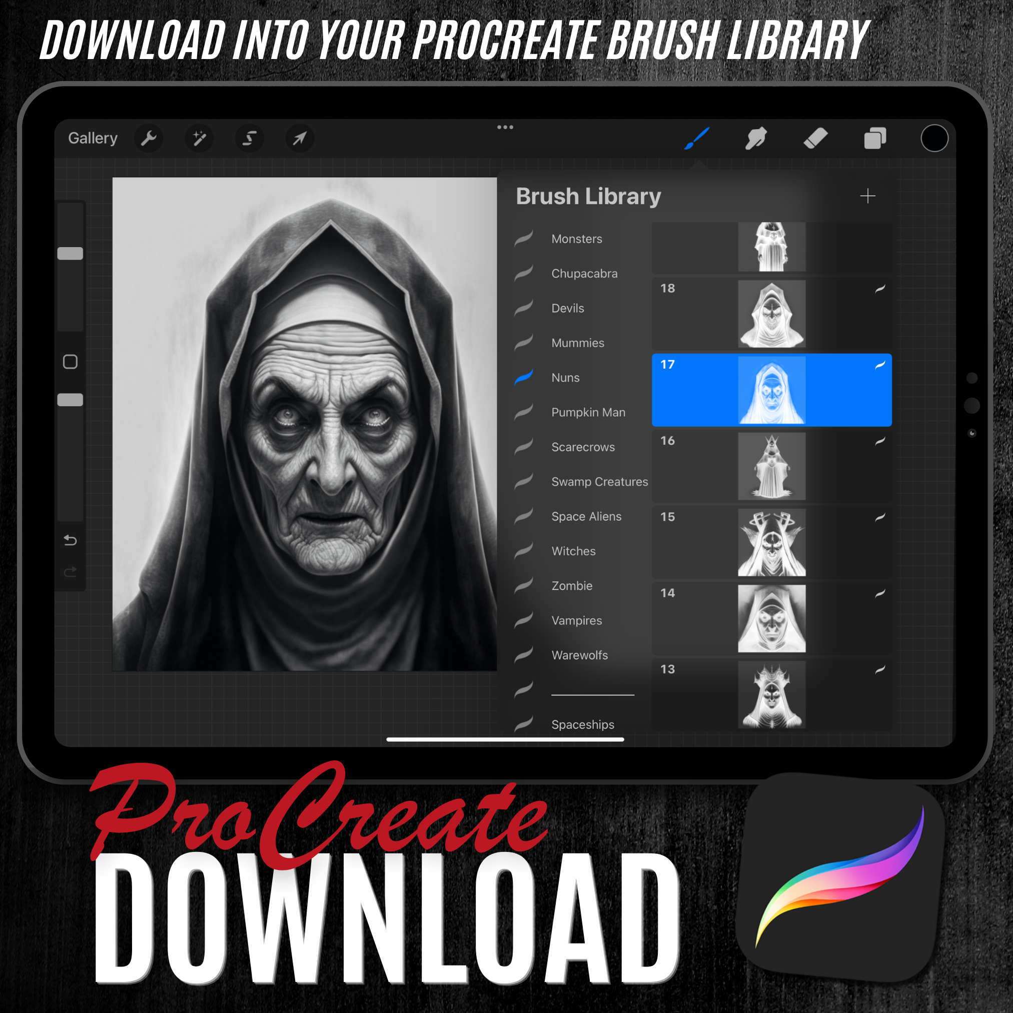 Nuns Digital Horror Design Collection: 50 Procreate & Sketchbook Images