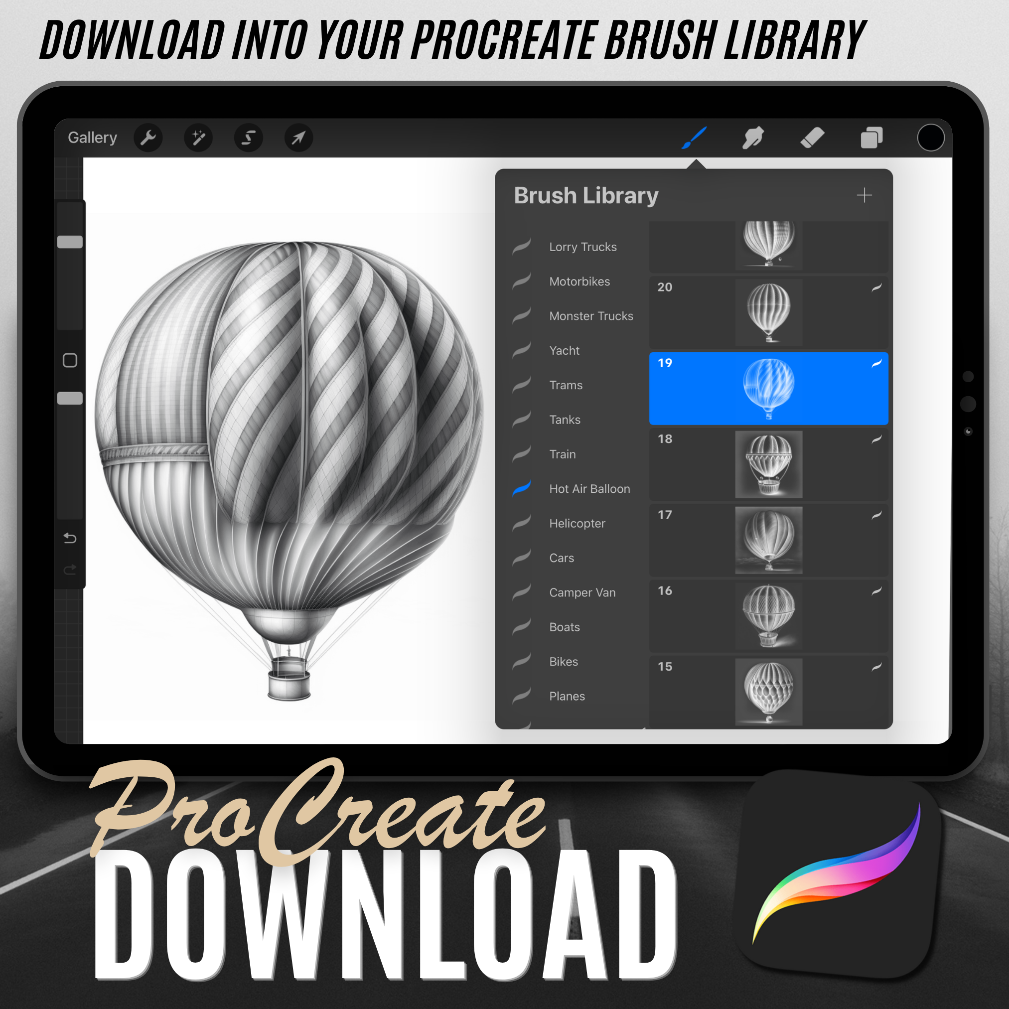 Colección de diseño digital de globos aerostáticos: 50 imágenes de Procreate y Sketchbook