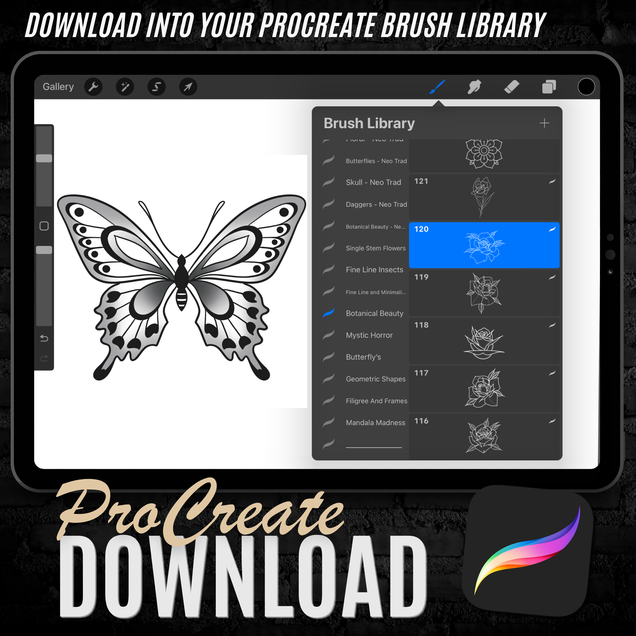 Neo-Traditional Butterflies Flash Stamp Pack – Bold Butterfly Tattoo Designs for Procreate & Sketchbook