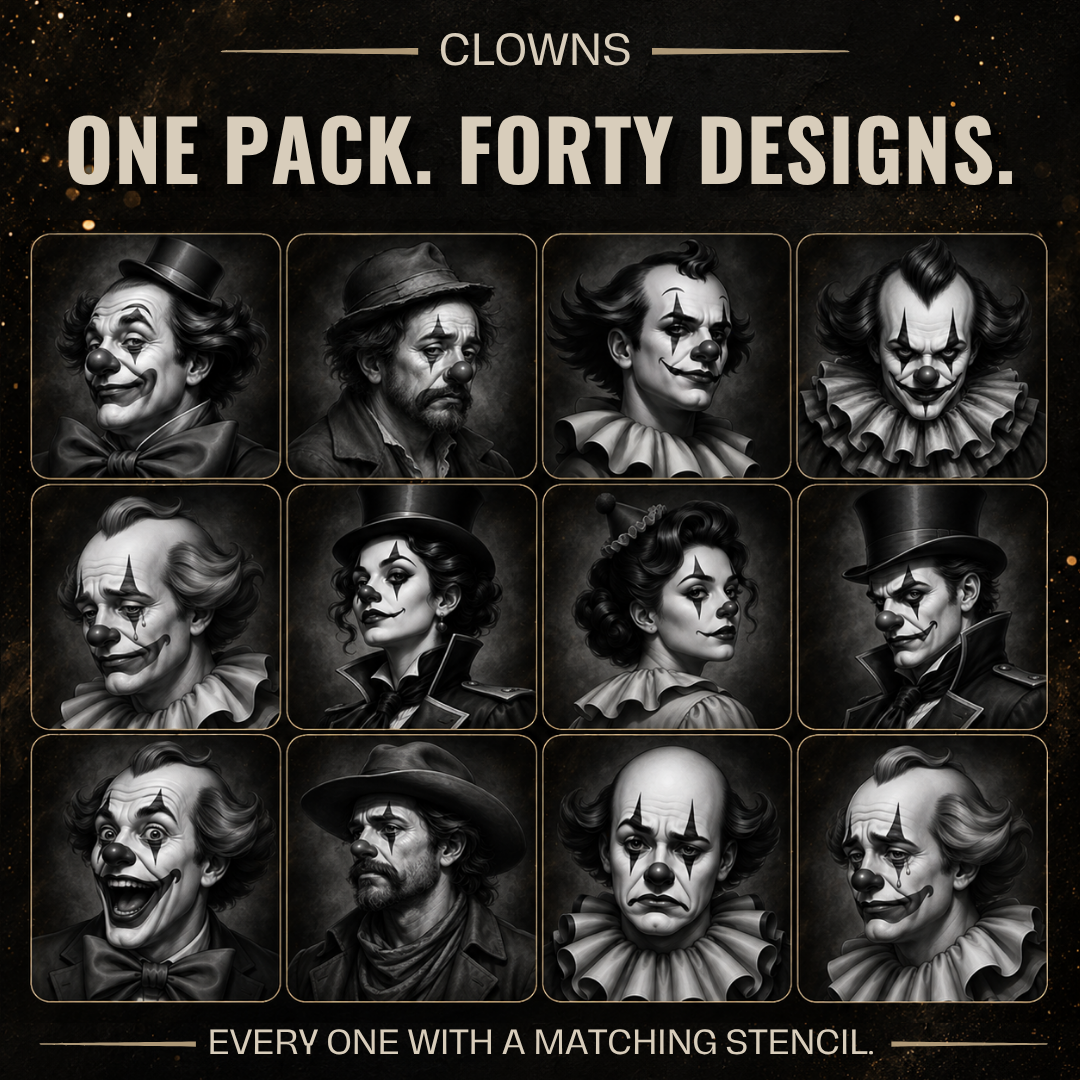 Clowns tattoo reference pack for Procreate: 12 of the 40 black and grey clown designs, each with a matching stencil