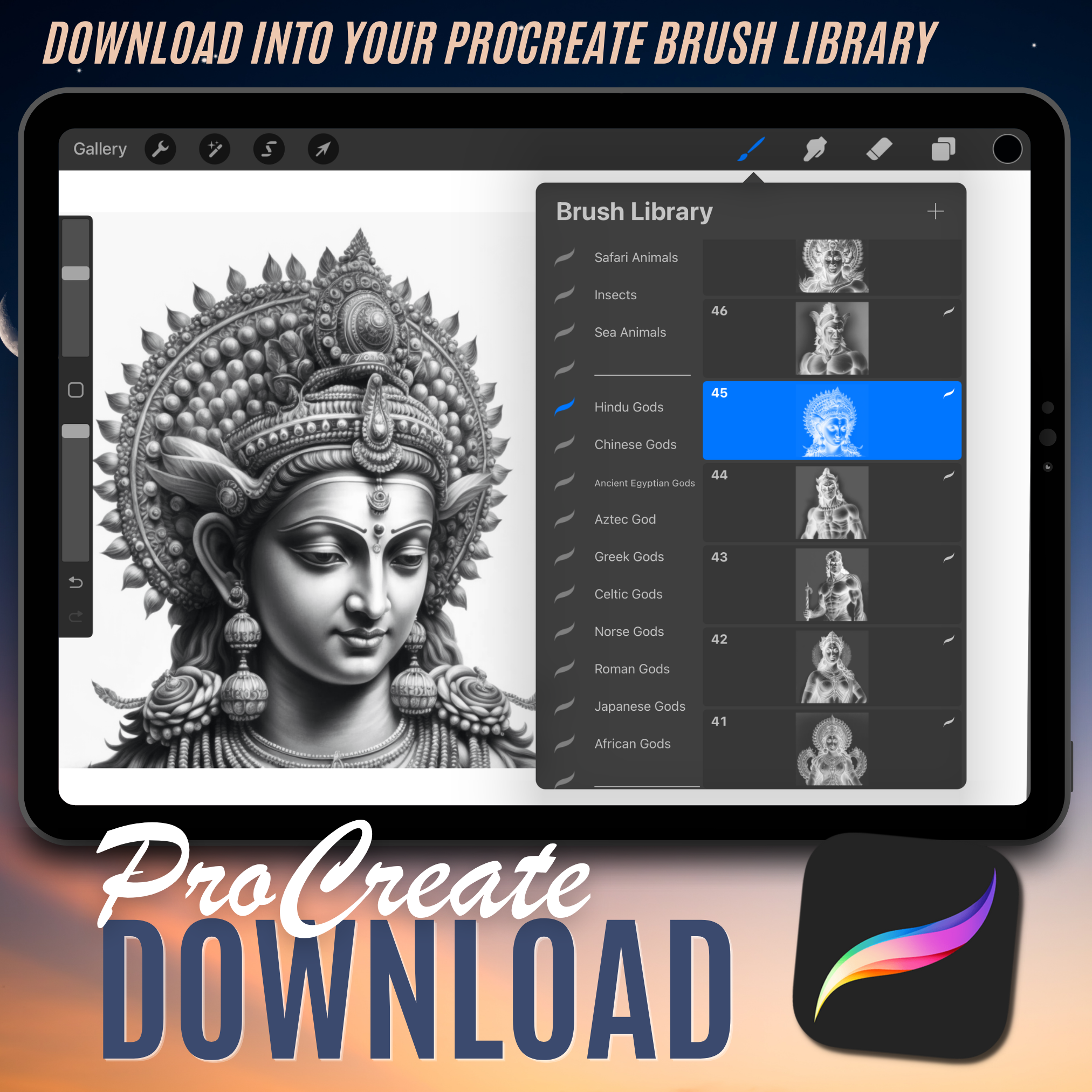 Digitale Designsammlung hinduistischer Götter: 50 Procreate- und Skizzenbuchbilder