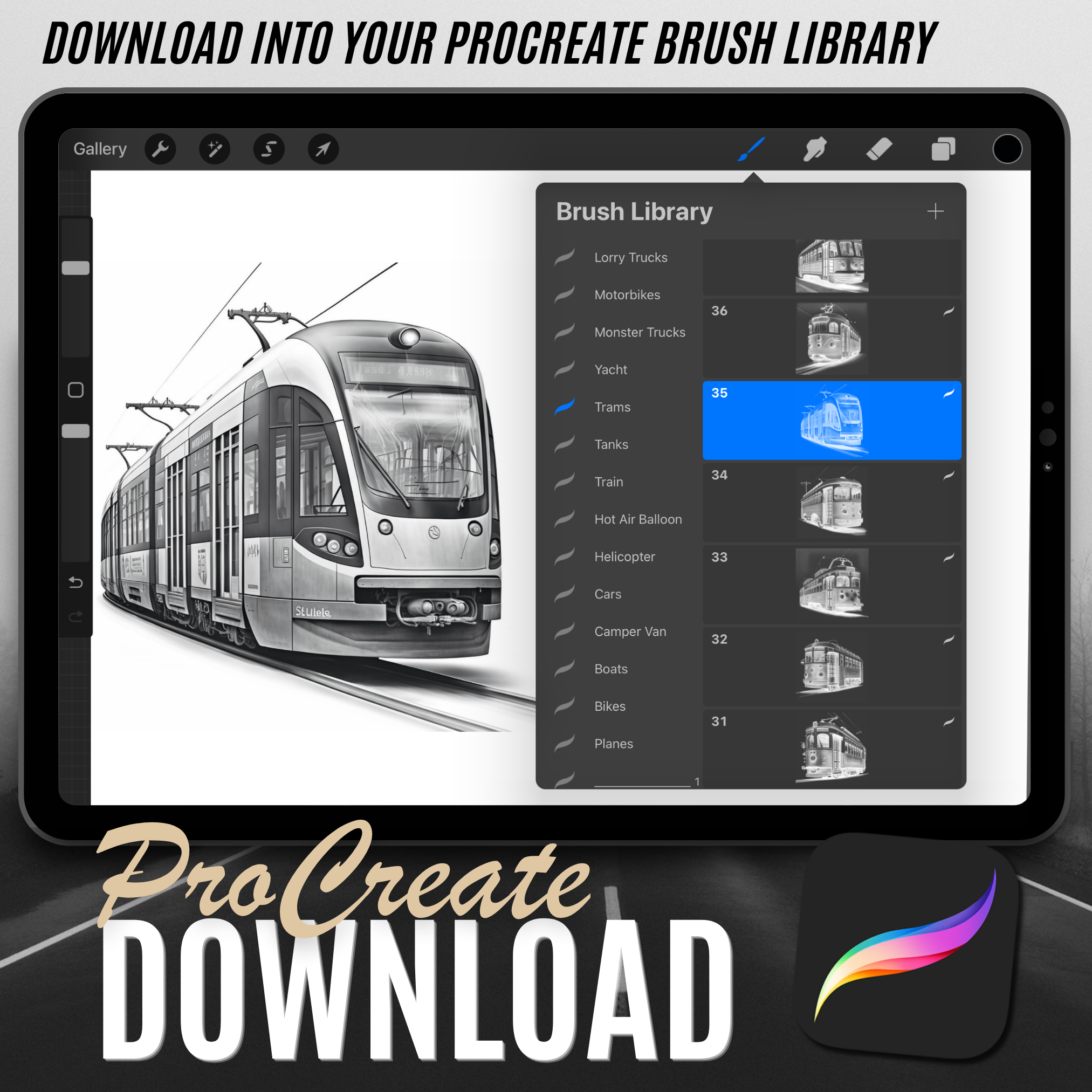 Colección de diseño digital de tranvías: 50 imágenes de Procreate y Sketchbook
