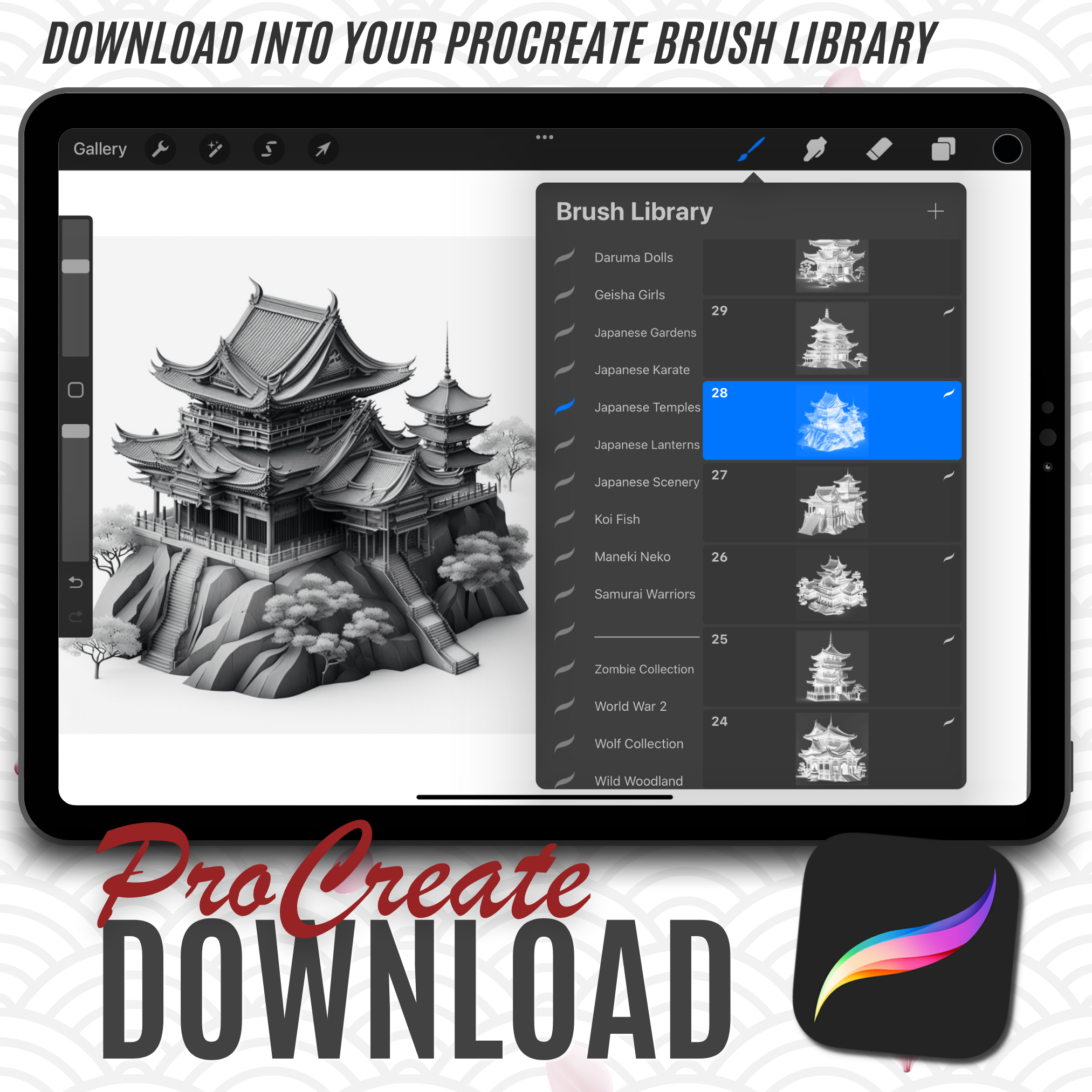 Colección de diseños de referencia digital de templos japoneses: 50 imágenes de Procreate y Sketchbook