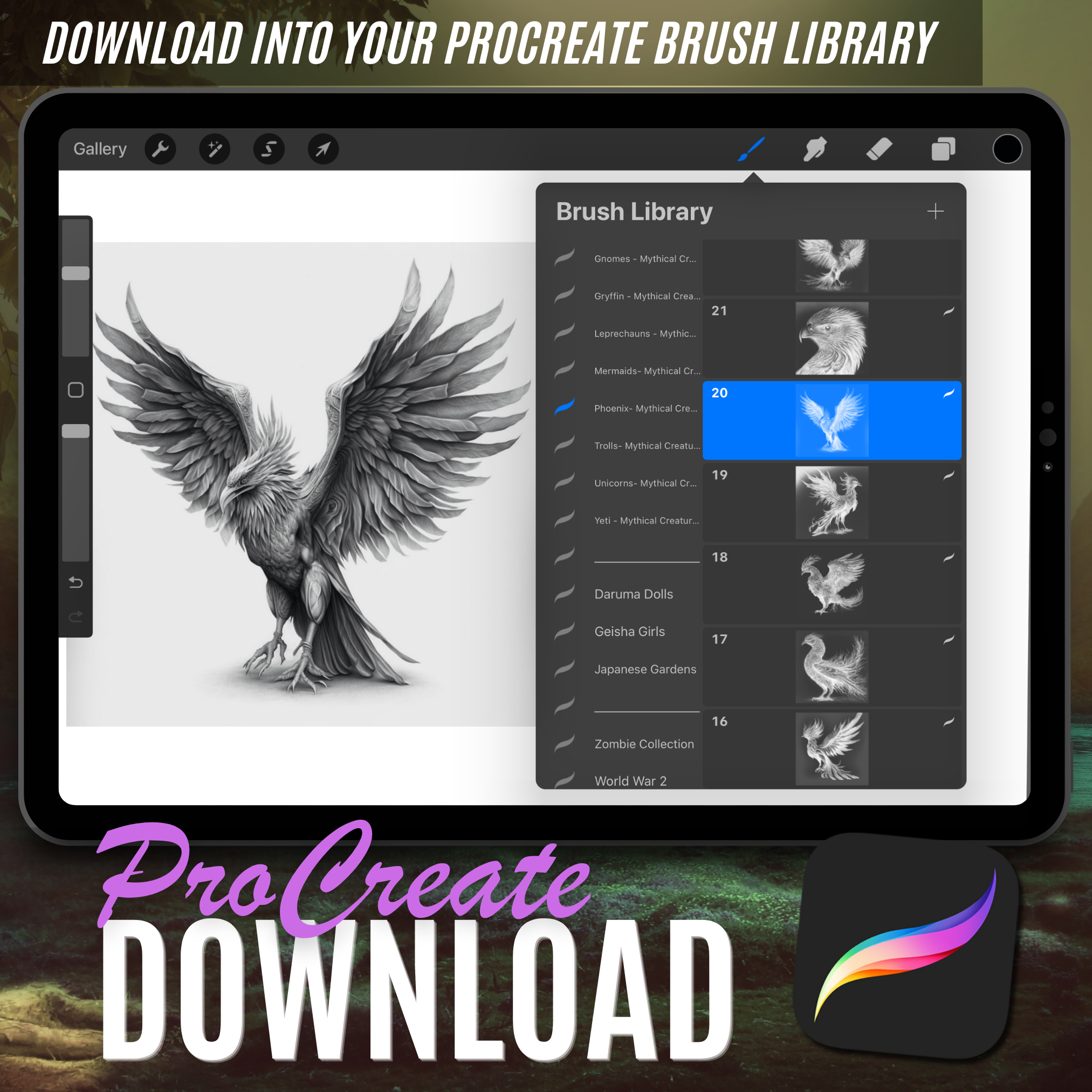 Colección Phoenix Digital Design: 50 imágenes de Procreate y Sketchbook