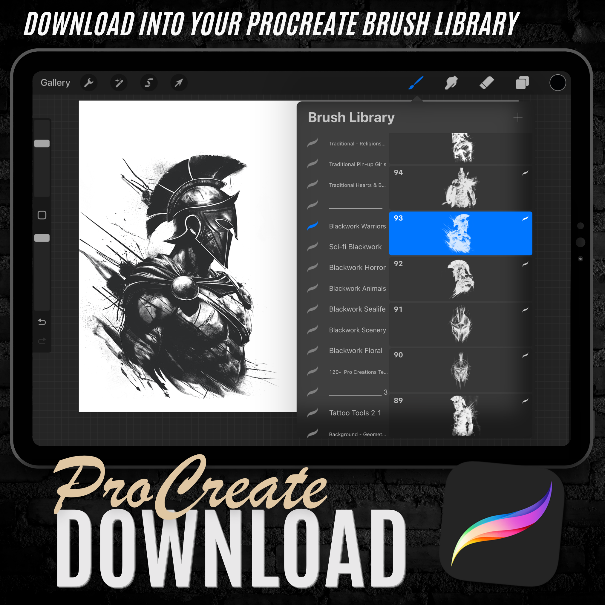 Blackwork Warriors Flash Stamp Pack – Bold Warrior Tattoo Designs for Procreate & Sketchbook