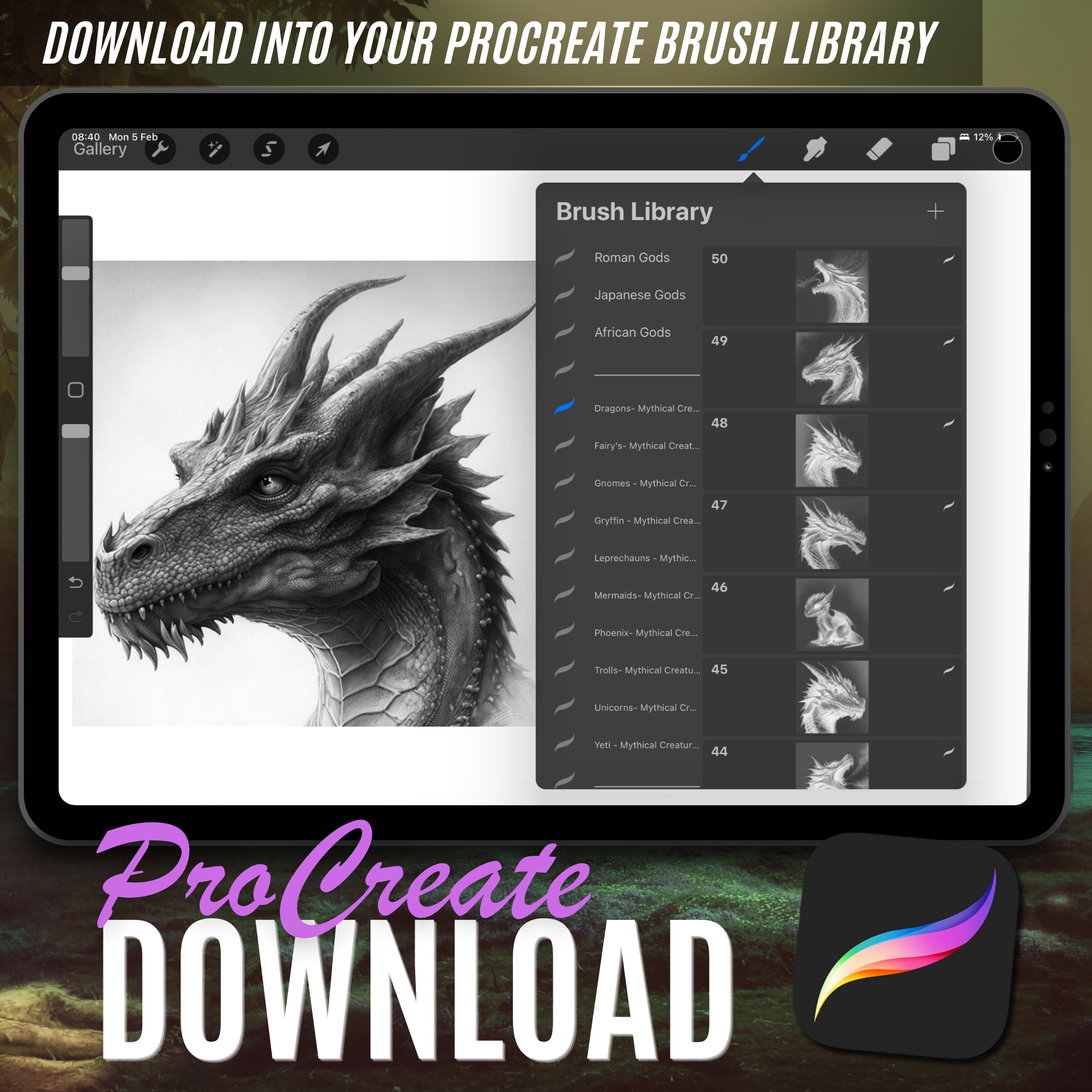 Colección de diseño digital Dragons: 50 imágenes de Procreate y Sketchbook