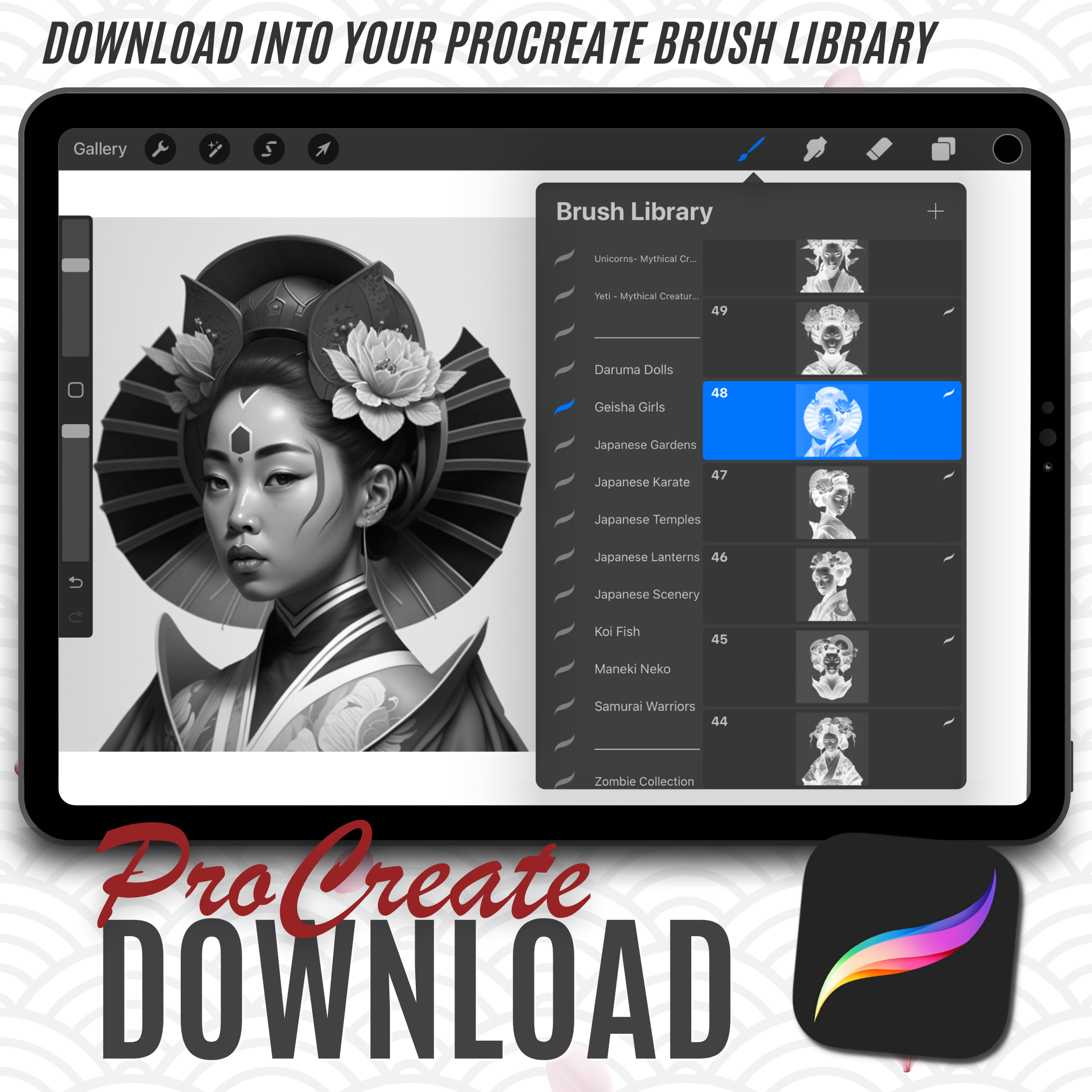 Colección de diseño de referencia digital de Geisha Girls: 50 imágenes de Procreate y Sketchbook