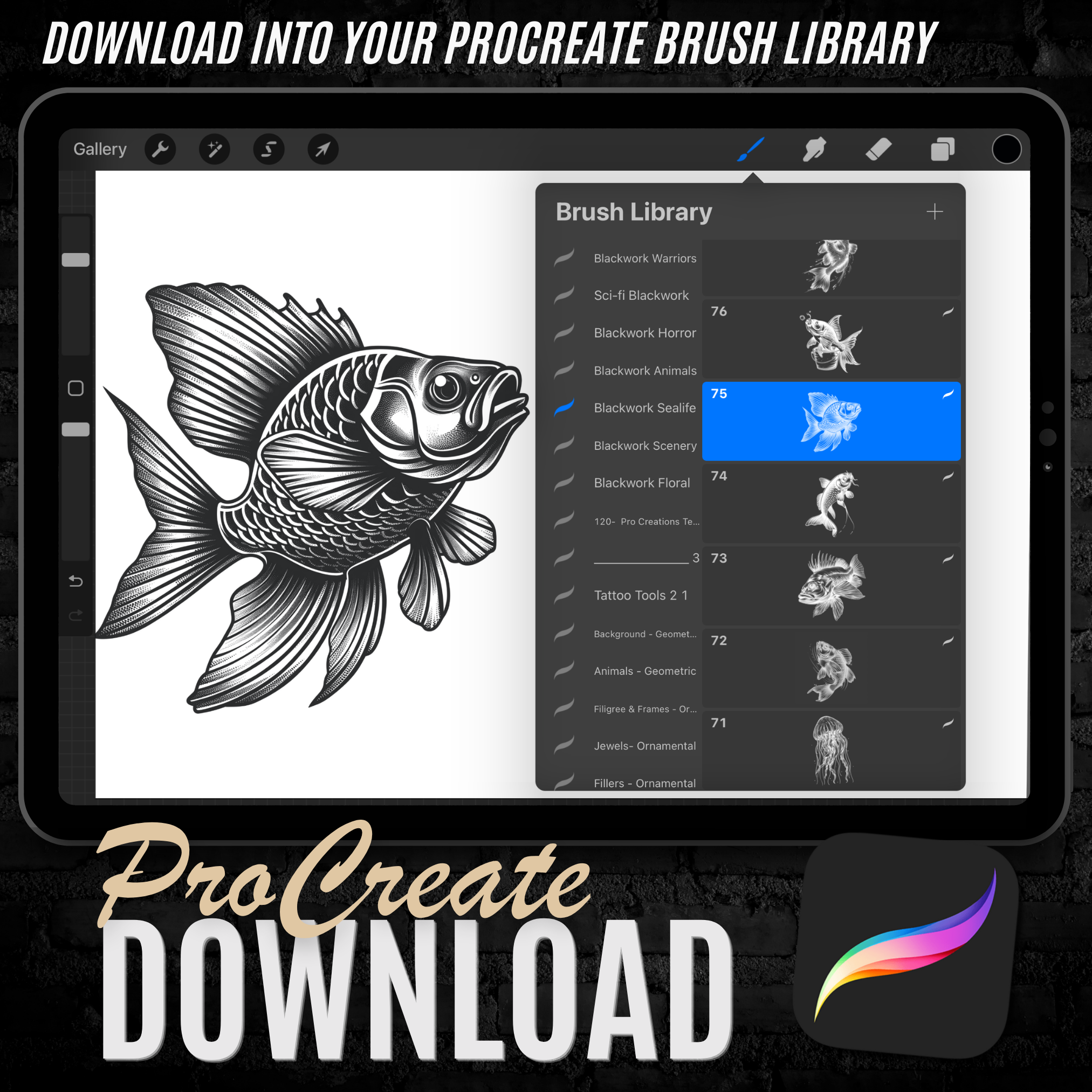 Blackwork Sea Life Flash Stamp Pack – Bold Ocean-Inspired Tattoo Designs for Procreate & Sketchbook