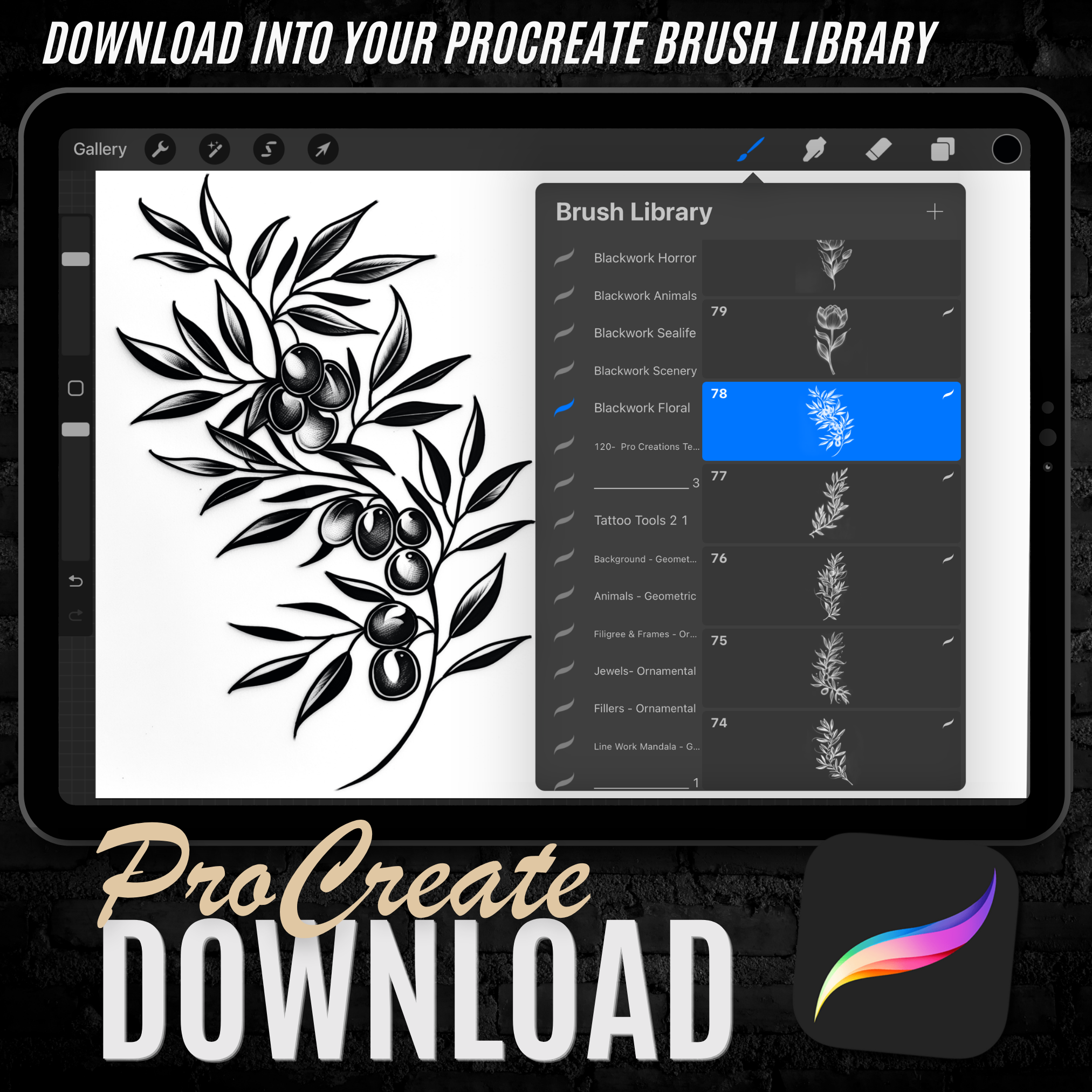 Blackwork Floral Flash Stamp Pack – Bold Floral Tattoo Designs for Procreate & Sketchbook