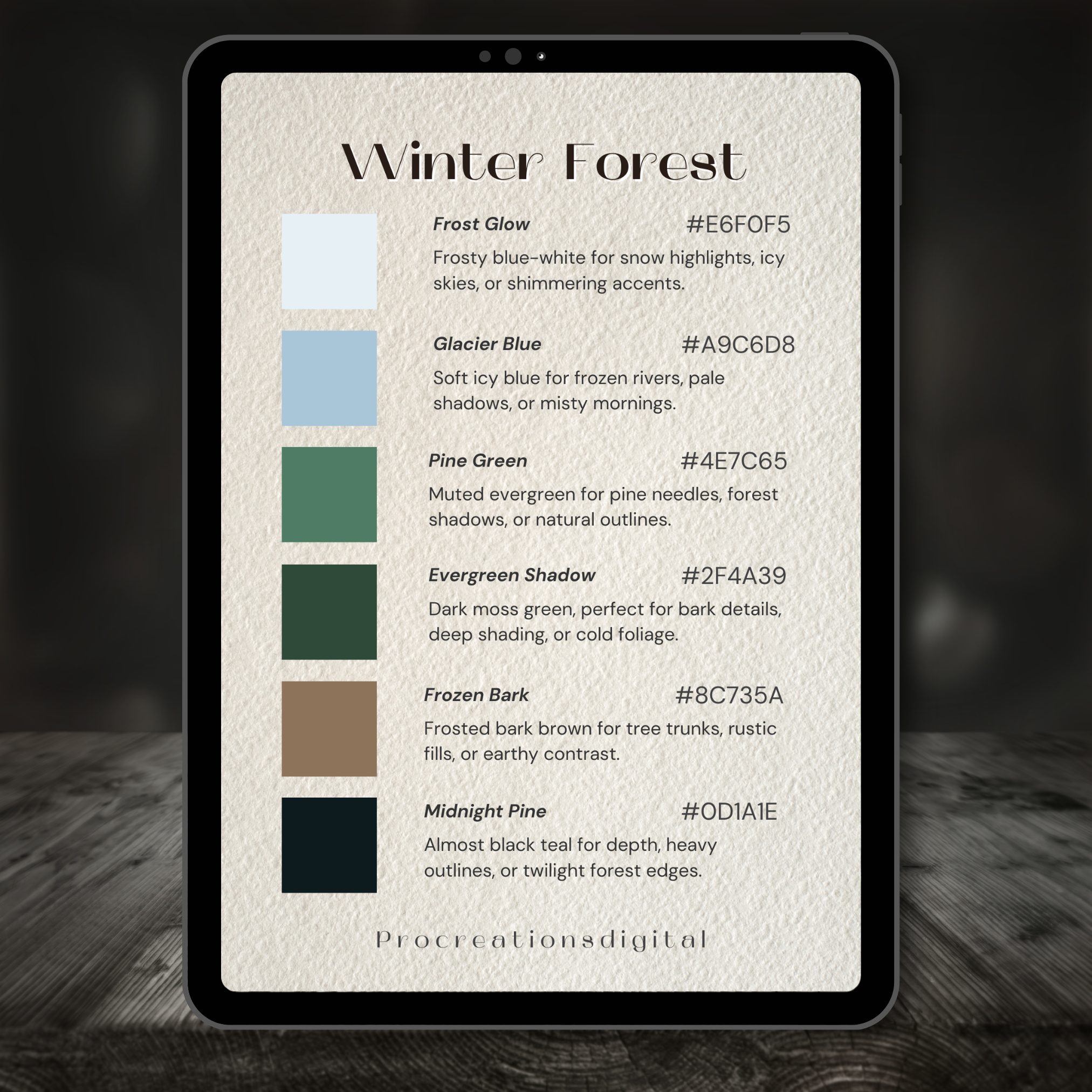 Winter Forest Color Palette for Procreate – Frosted Woodland Tones + Hex Chart