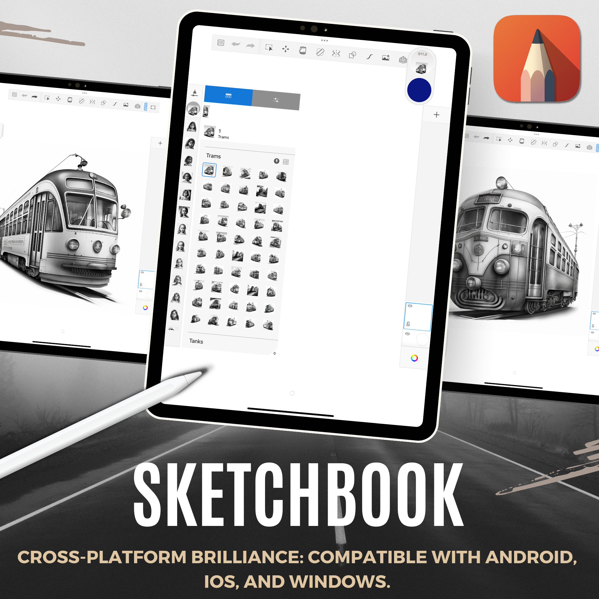 Colección de diseño digital de tranvías: 50 imágenes de Procreate y Sketchbook