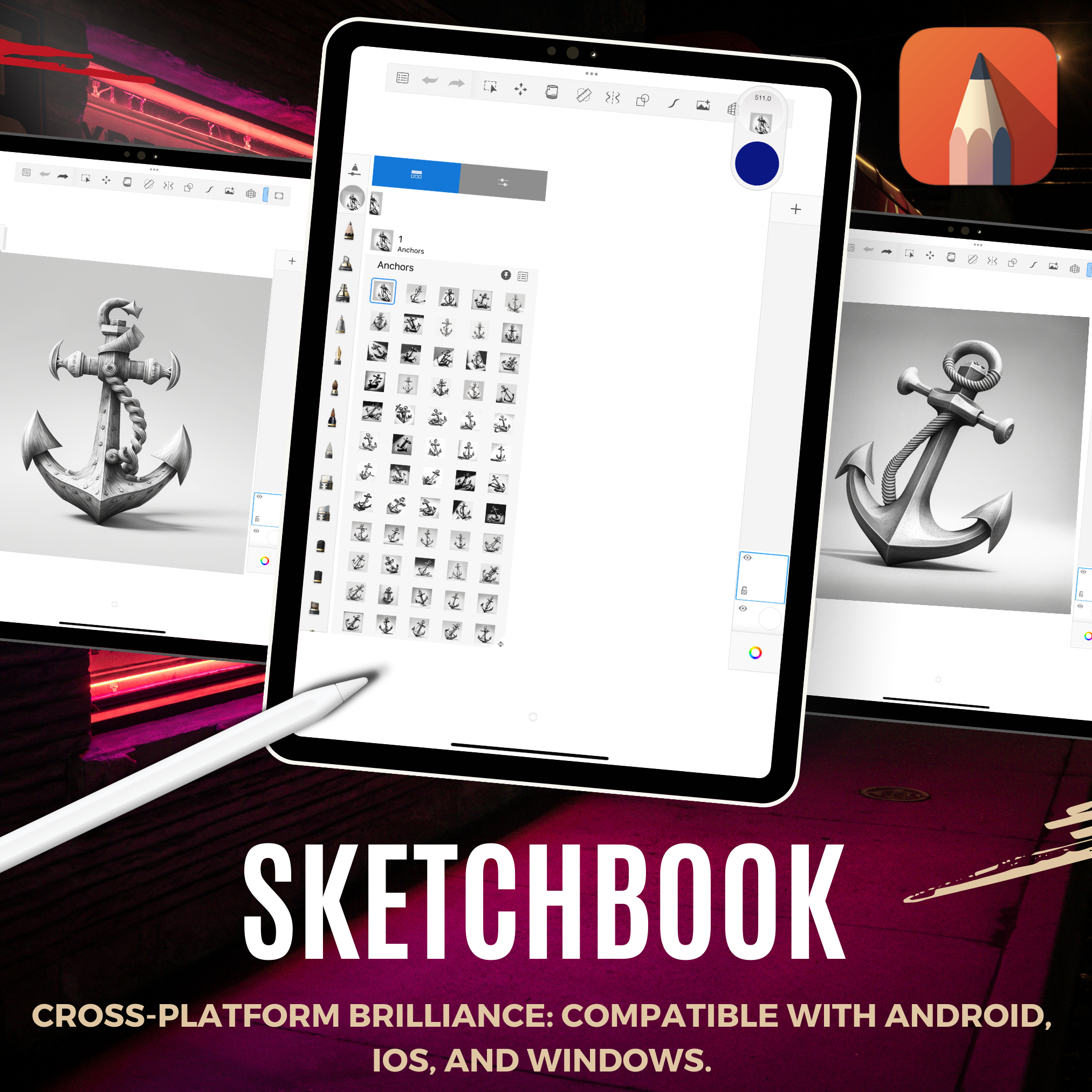 Digitale Tattoo-Element-Designsammlung „Anchors“: 100 Procreate- und Skizzenbuchbilder