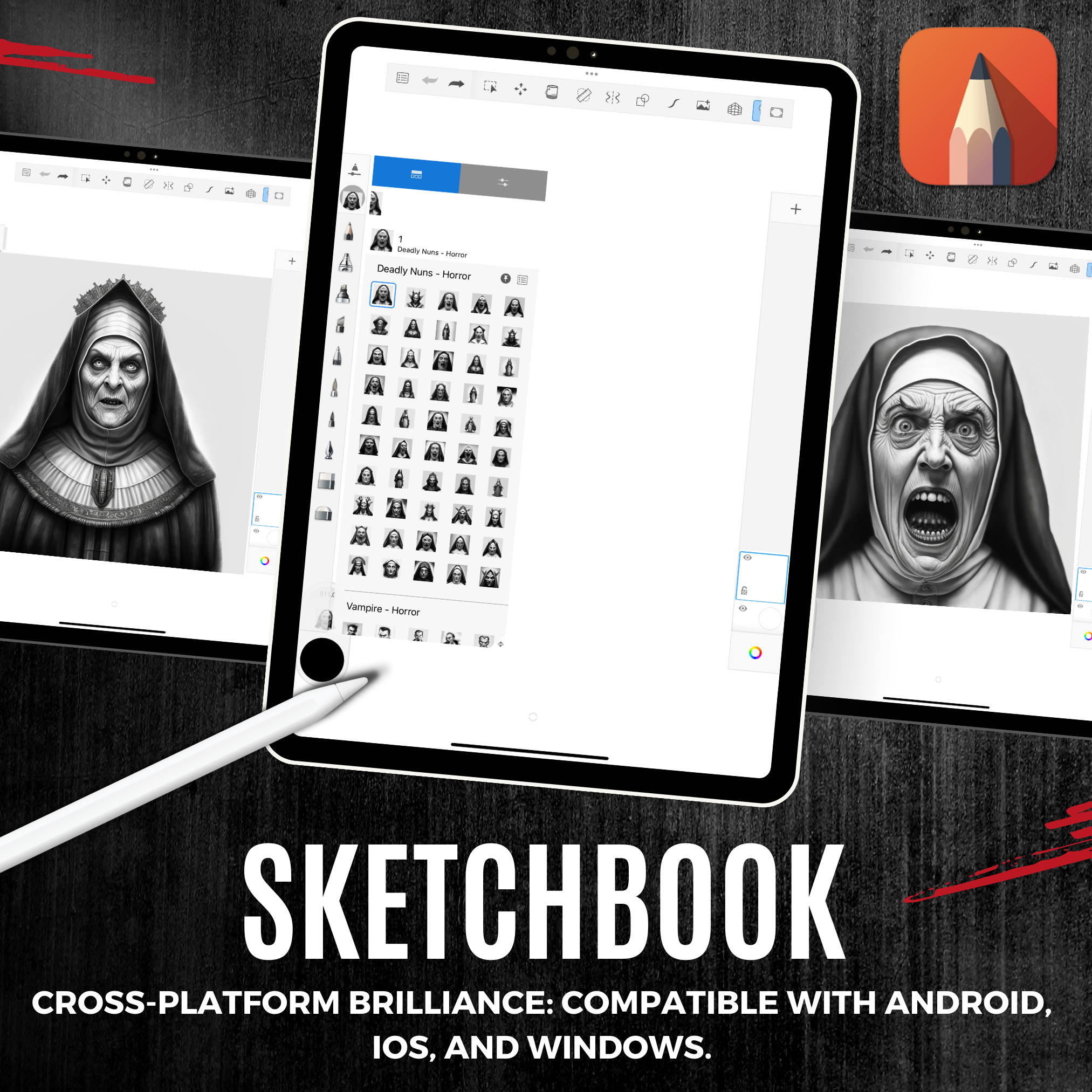 Colección de diseños de terror digital Nuns: 50 imágenes de procreate y cuadernos de bocetos