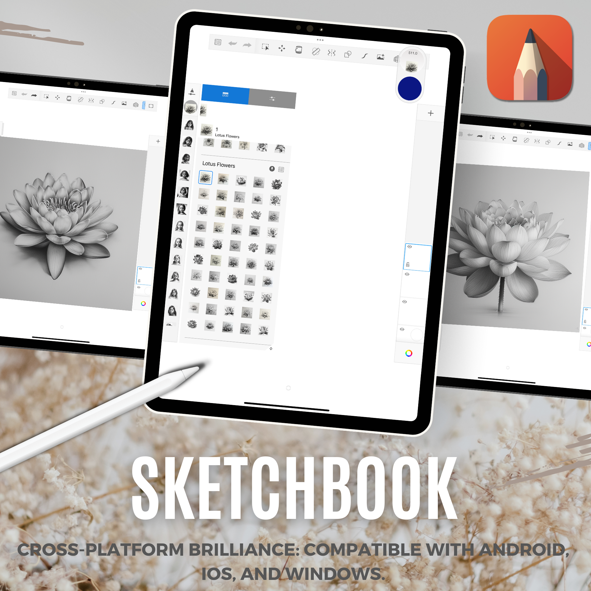 Colección de diseño digital de flores de loto: 50 imágenes de Procreate y Sketchbook