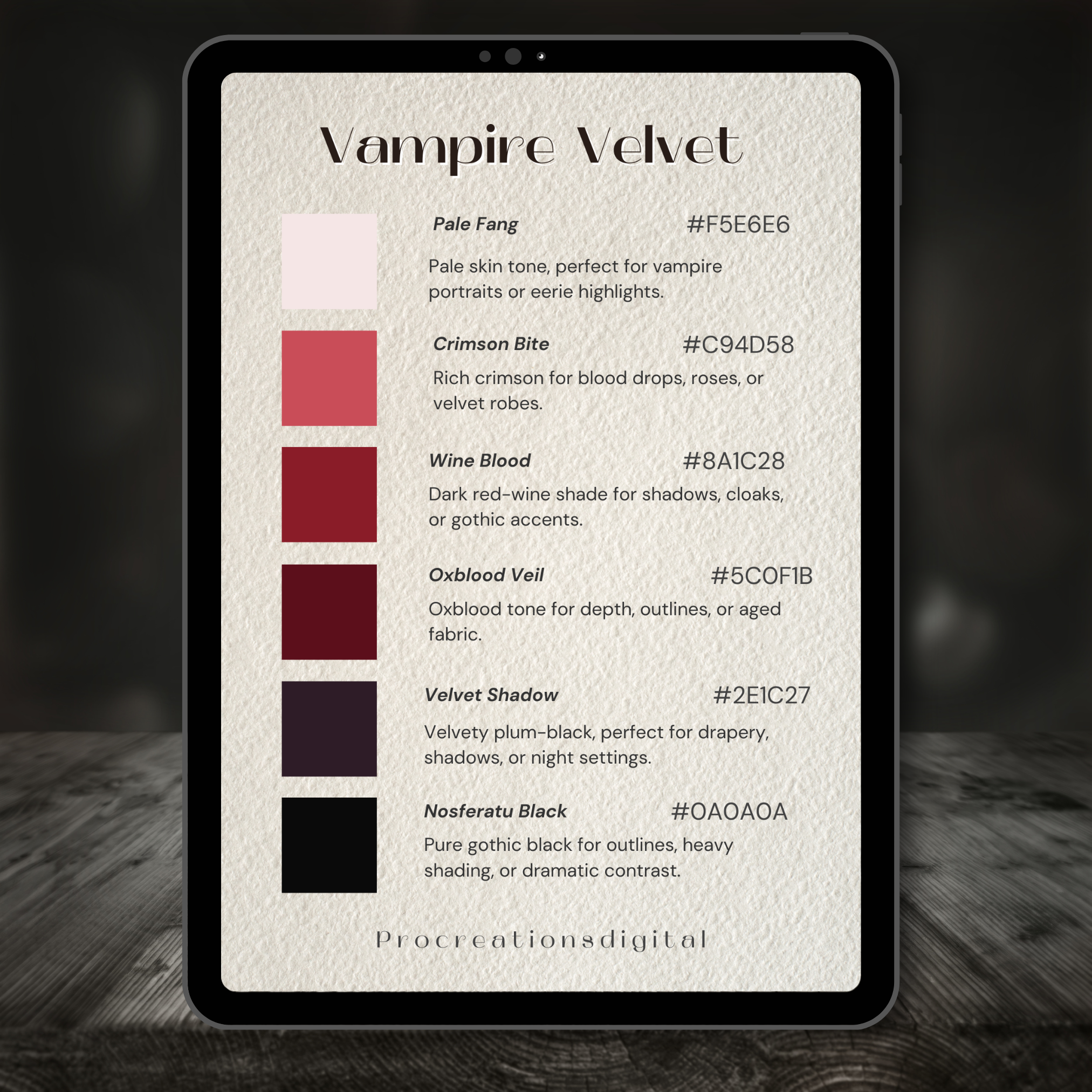 Vampire Velvet Color Palette for Procreate – Gothic Crimson Tones + Hex Chart