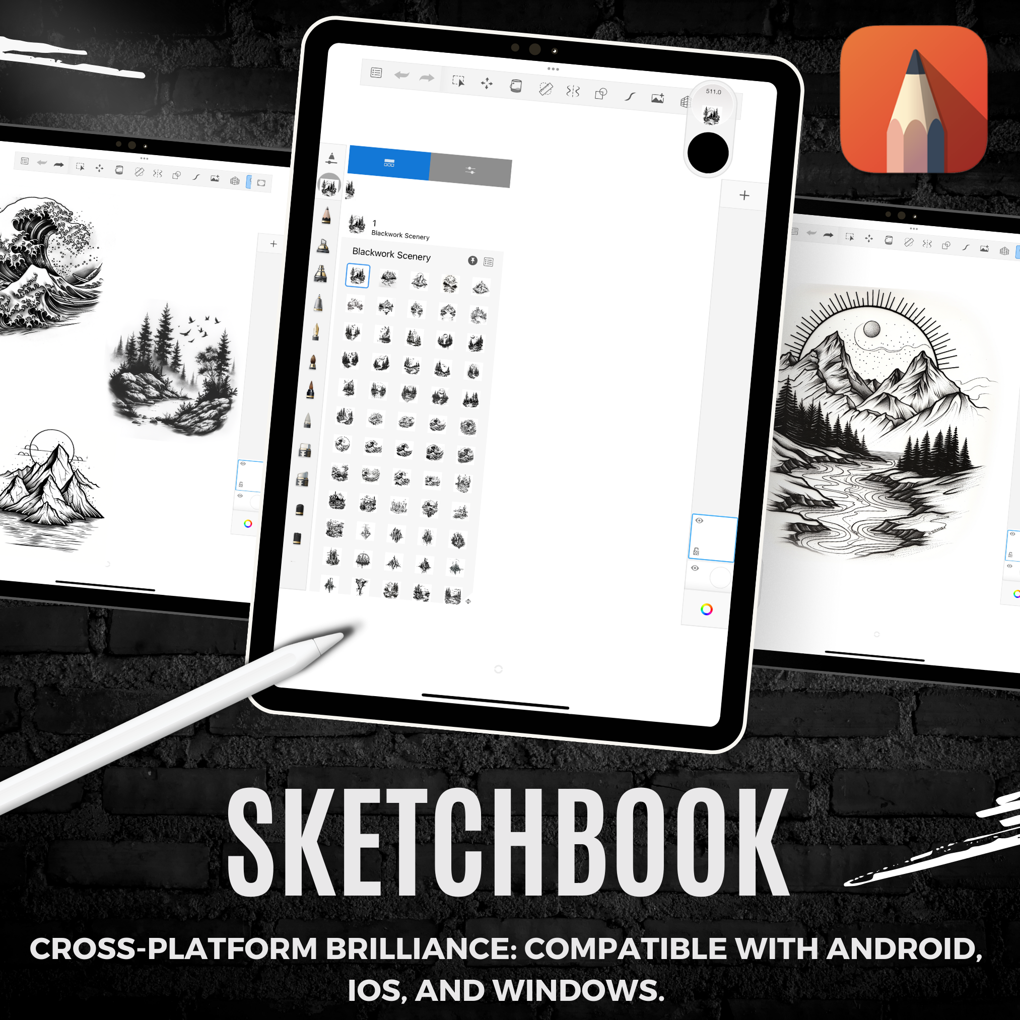 Blackwork Landscapes Flash Stamp Pack – Bold Scenic Tattoo Designs for Procreate & Sketchbook