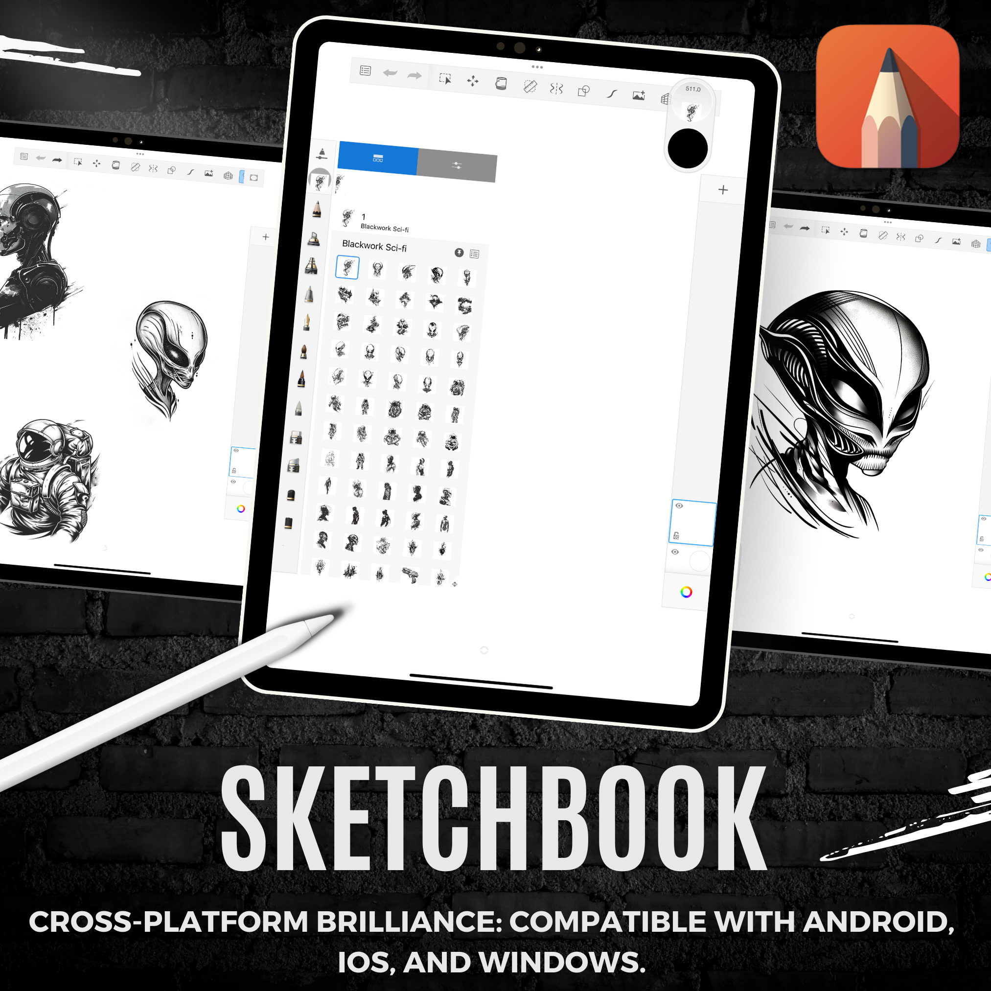 Blackwork Fantasy Sci-Fi Flash Stamp Pack – Futuristic & Mythical Tattoo Designs for Procreate & Sketchbook