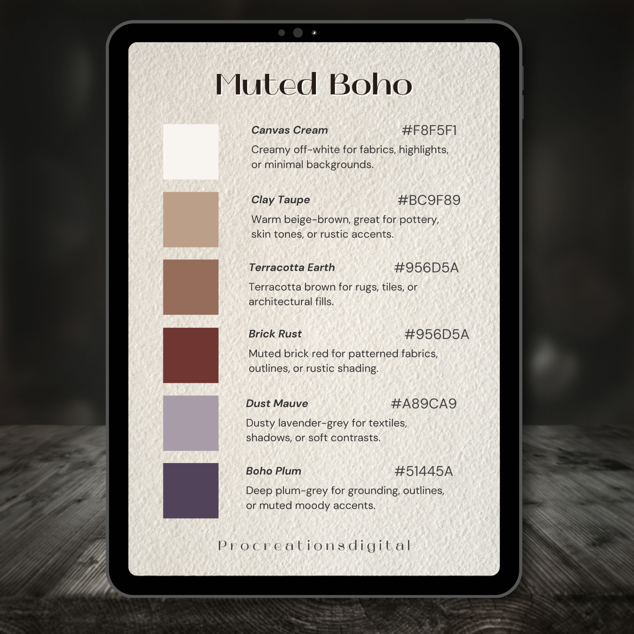 Muted Boho Color Palette for Procreate – Earthy Minimalist Tones + Hex Chart